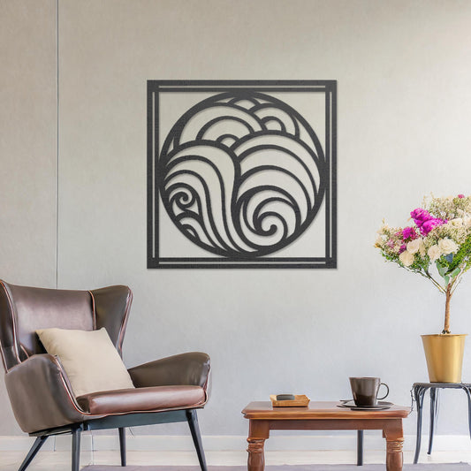 Wooden wall art design featuring a circular composition with flowing, wave-like patterns, placed on a neutral wall within modern room decor. The design evokes a sense of movement and balance with its rhythmic curves.