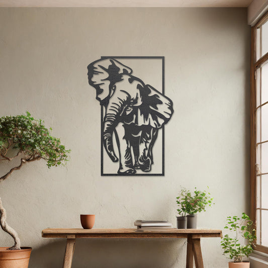 Wooden wall art design featuring a detailed depiction of an elephant, placed on a neutral wall within modern room decor. The design captures the graceful movement of the elephant with intricate outlines and shading.