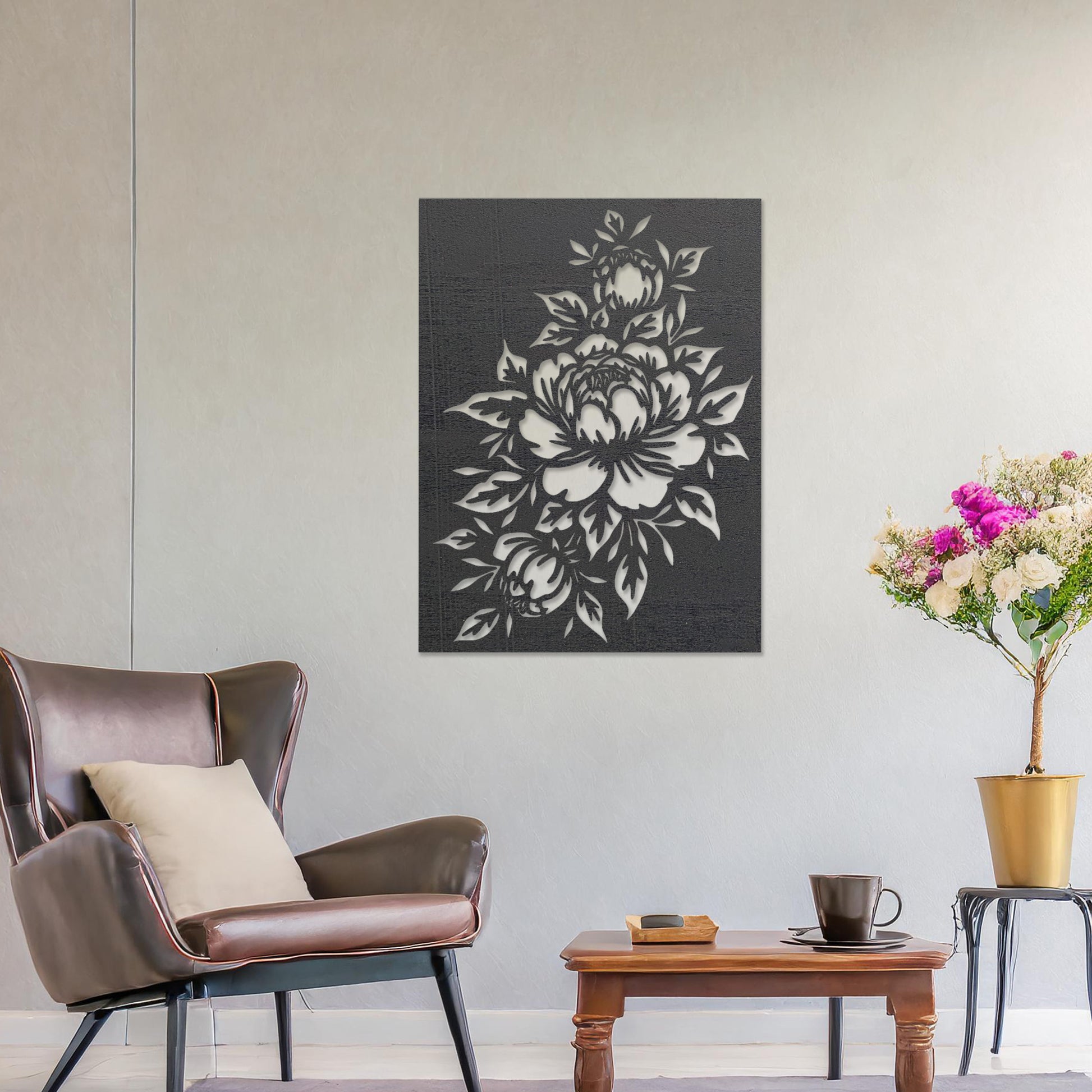 Wall art featuring a detailed floral design with blooming peonies and intricate leaves. The piece is mounted on a neutral wall within modern room decor, adding a touch of natural elegance to the space.