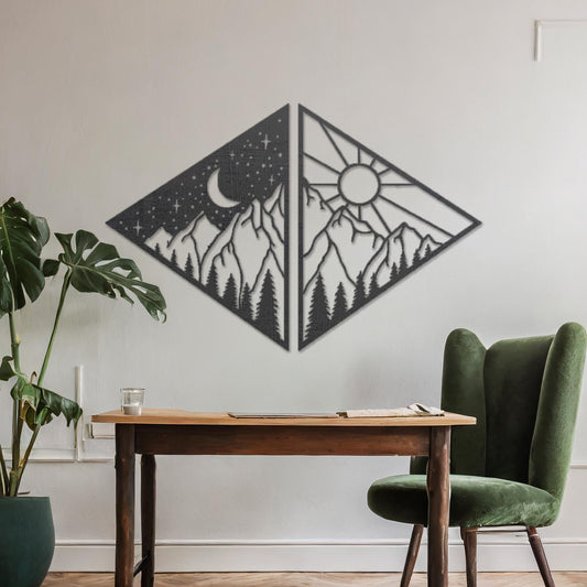 Wooden wall art design featuring a diamond-shaped composition split into two panels: one with a crescent moon and stars over mountains, and the other with a sun above the same landscape, placed on a neutral wall within modern room decor. 