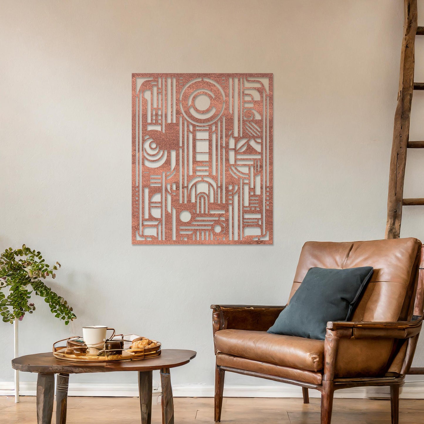 Wall art featuring an abstract geometric design with a combination of circles, lines, and architectural elements. The piece is displayed on a neutral wall within modern decor, adding a bold and contemporary focal point to the space.
