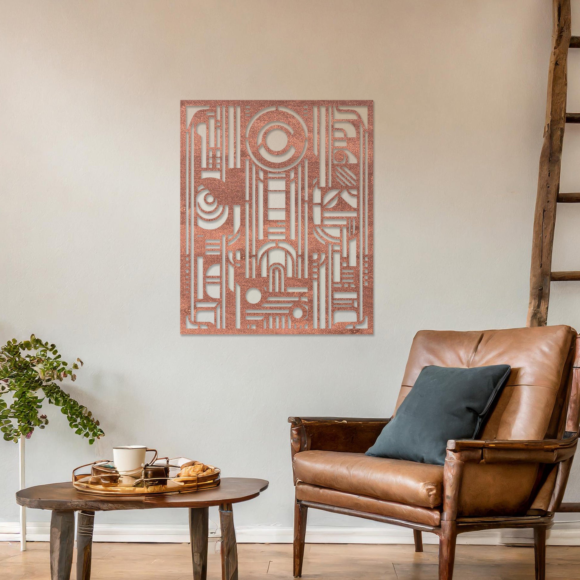 Wall art featuring an abstract geometric design with a combination of circles, lines, and architectural elements. The piece is displayed on a neutral wall within modern decor, adding a bold and contemporary focal point to the space.