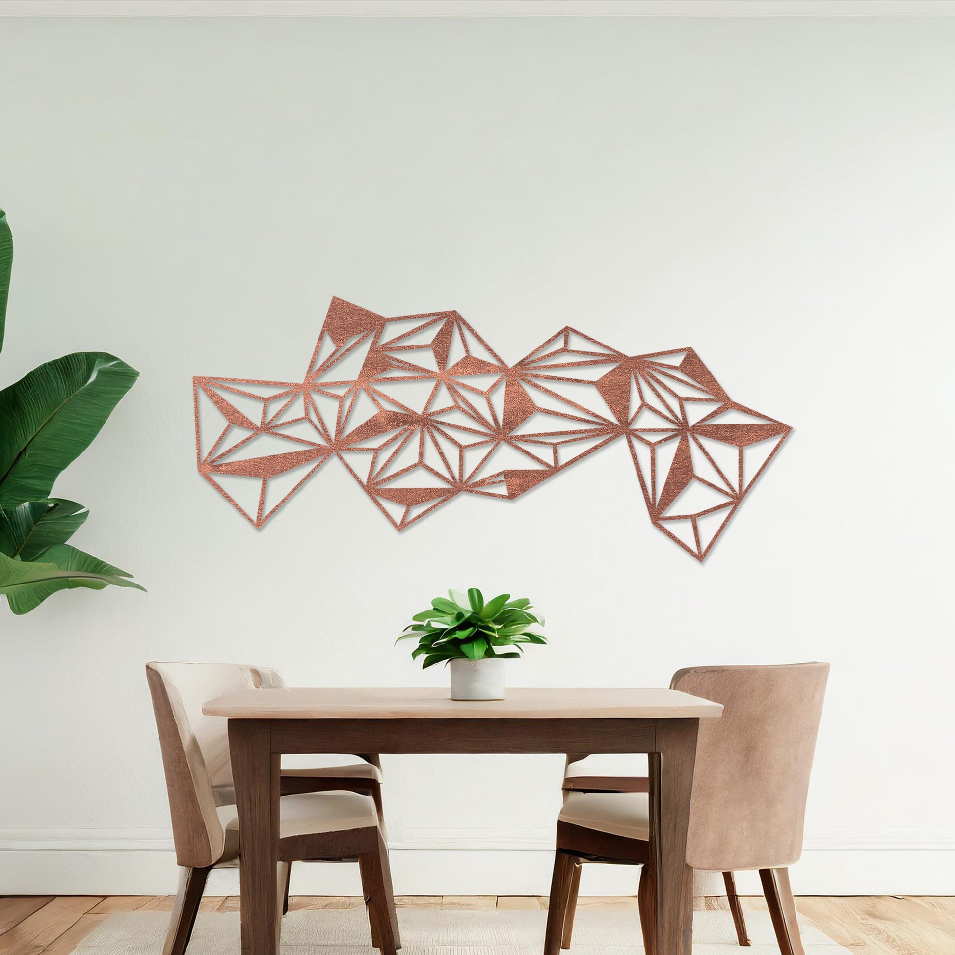 The design features an abstract arrangement of interlocking triangles, forming a dynamic, geometric pattern. Its sharp lines and angles create a bold, modern look, perfect for contemporary spaces.