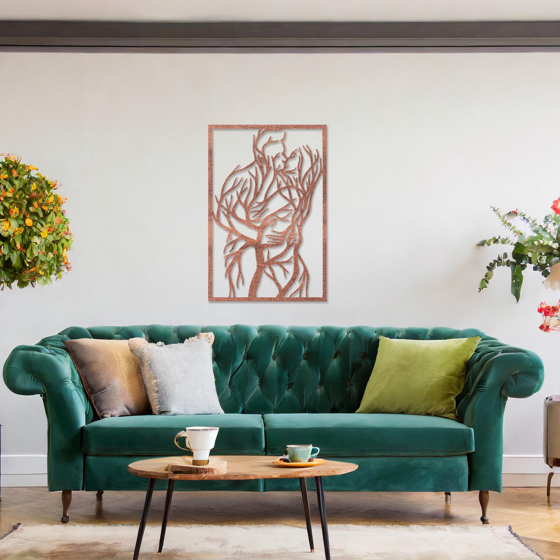 Wooden wall art featuring a rectangular design of two intertwined human figures stylised with tree branches, symbolising connection and unity. The artwork is displayed on a neutral wall within modern room decor, highlighting its artistic and emotional depth.