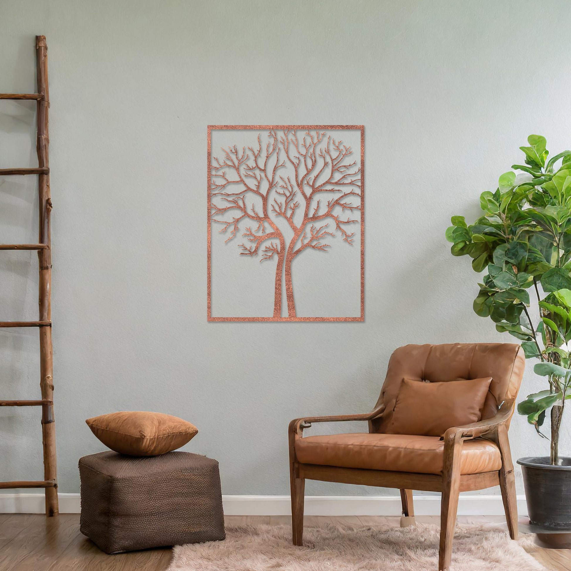 Wooden wall art featuring a minimalist tree design with bare branches, displayed on a neutral wall within modern room decor, highlighting its elegant and natural craftsmanship.
