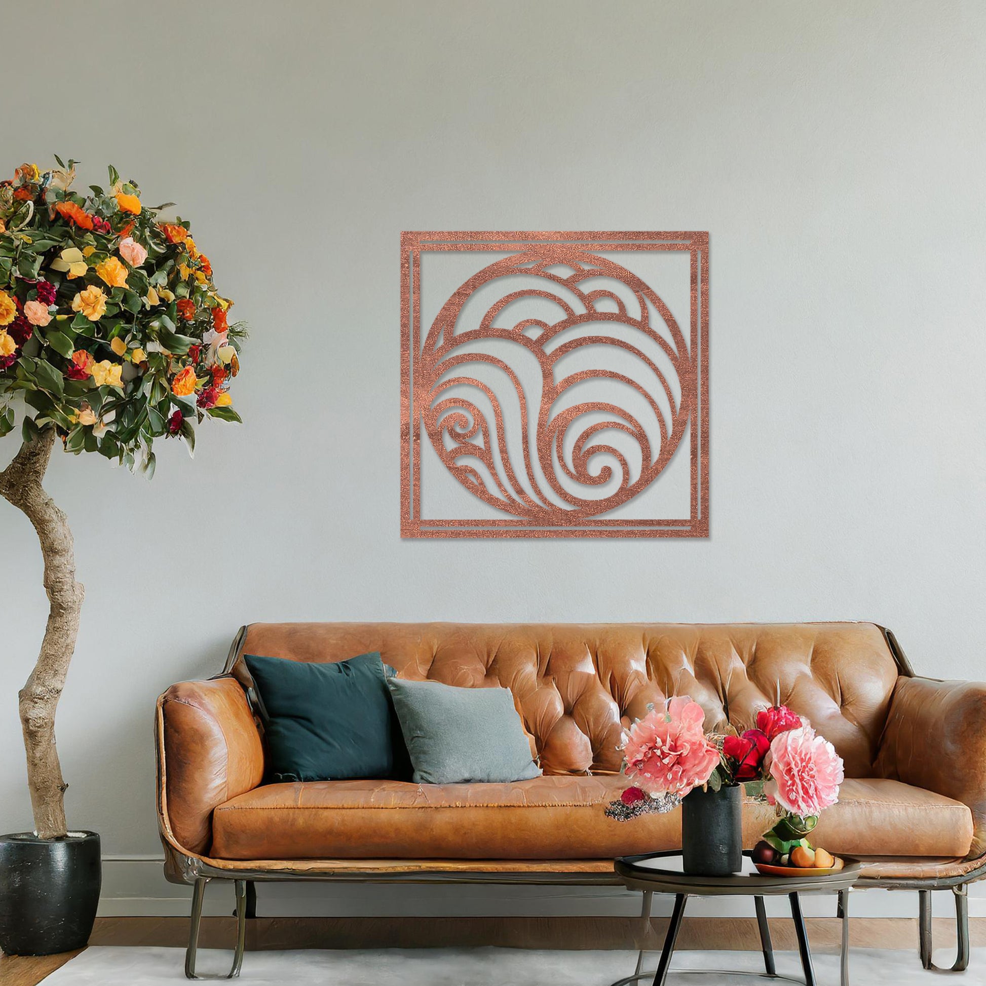 Wooden wall art design featuring a circular composition with flowing, wave-like patterns, placed on a neutral wall within modern room decor. The design evokes a sense of movement and balance with its rhythmic curves.