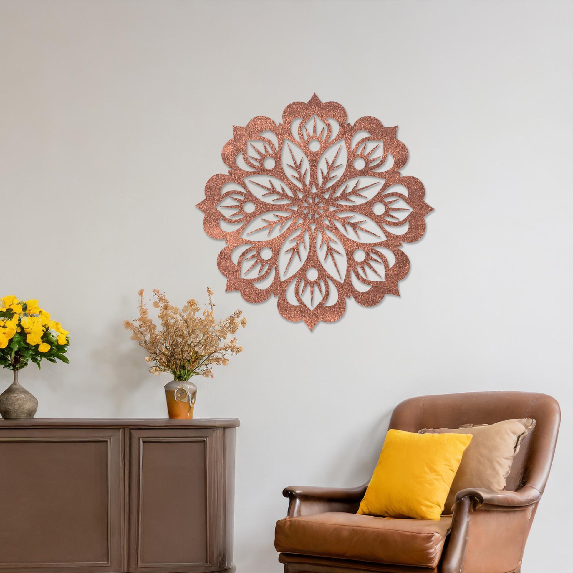 Wooden wall art featuring a circular mandala design with intricate floral and geometric patterns. The artwork is displayed on a neutral wall within modern room decor, highlighting its artistic and symmetrical elegance.