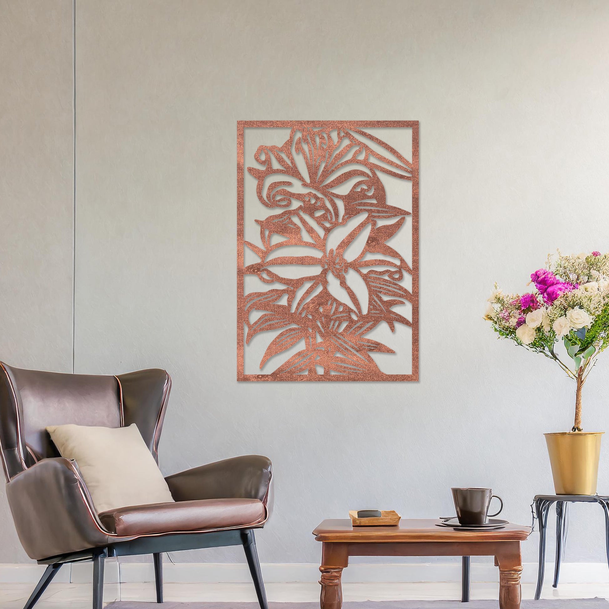 Wall art featuring a botanical design of blooming lilies with intricate details of petals and leaves. The artwork is displayed on a neutral wall within modern room decor, enhancing the space with a natural and elegant touch.