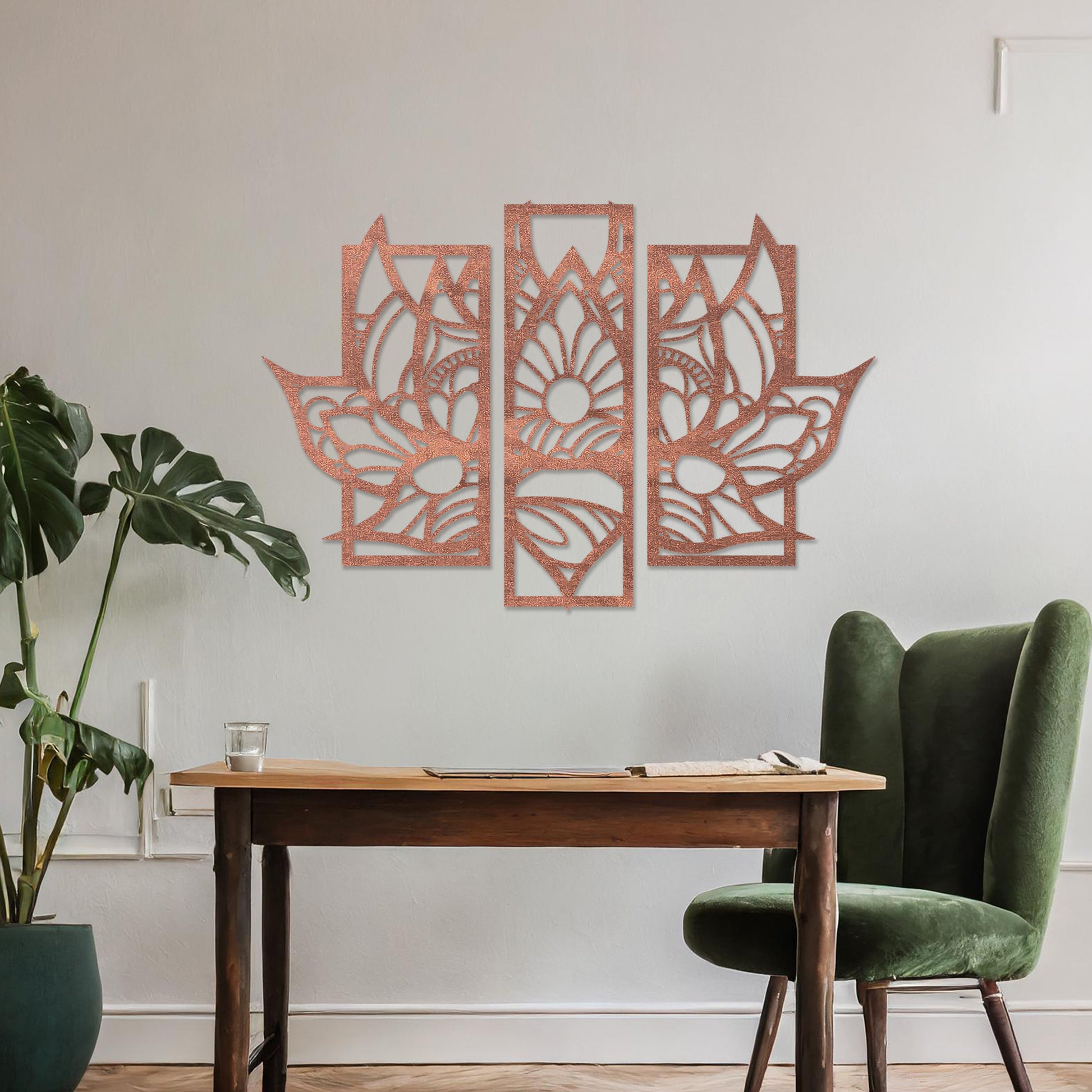 Wall art featuring a lotus-inspired floral design in three distinct panels with intricate geometric patterns. The piece is mounted on a neutral wall within modern room decor, adding elegance to the space.