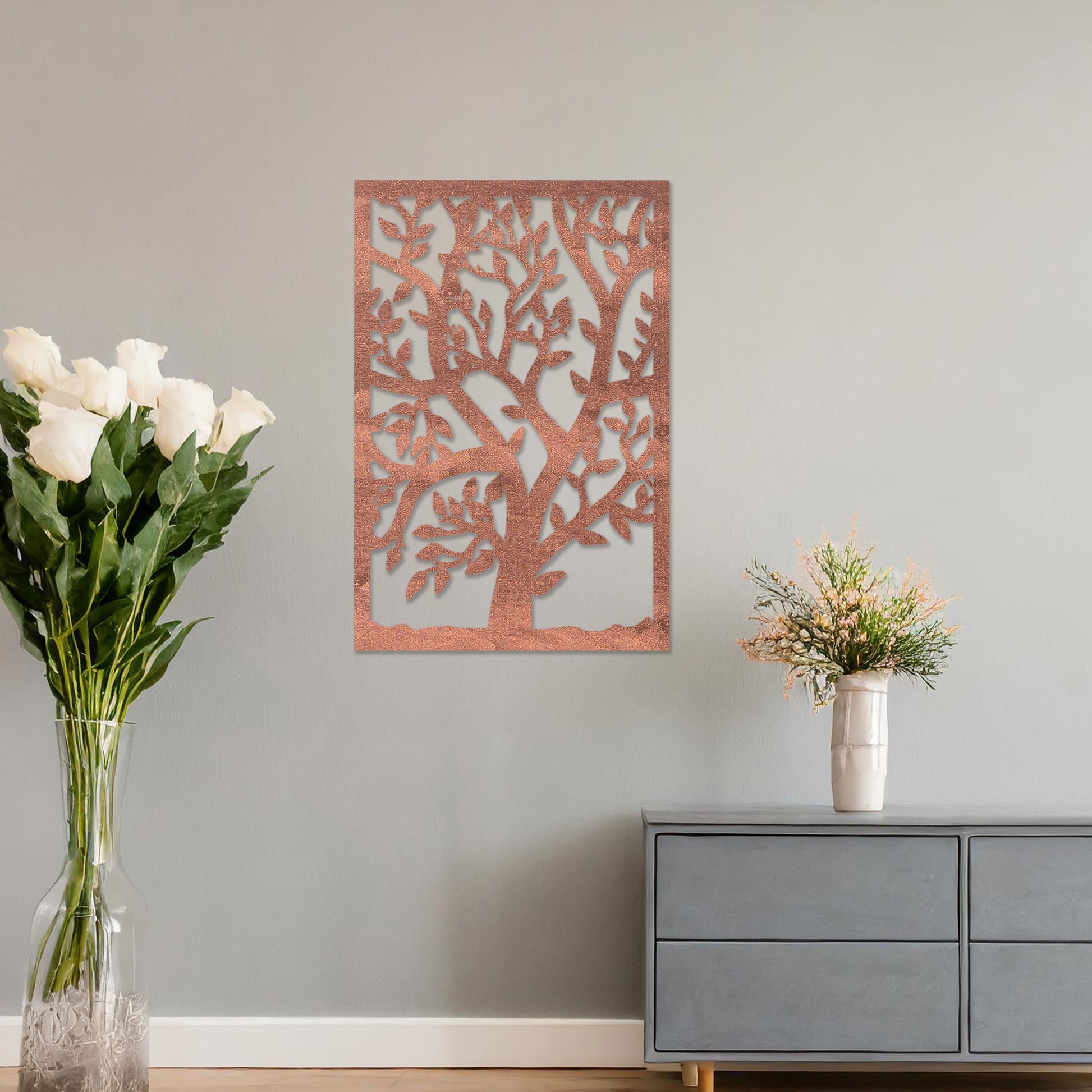 This design features a tree with intricate branches and leaves within a rectangular frame, offering a natural and serene aesthetic. It brings a sense of growth and harmony to modern interiors.