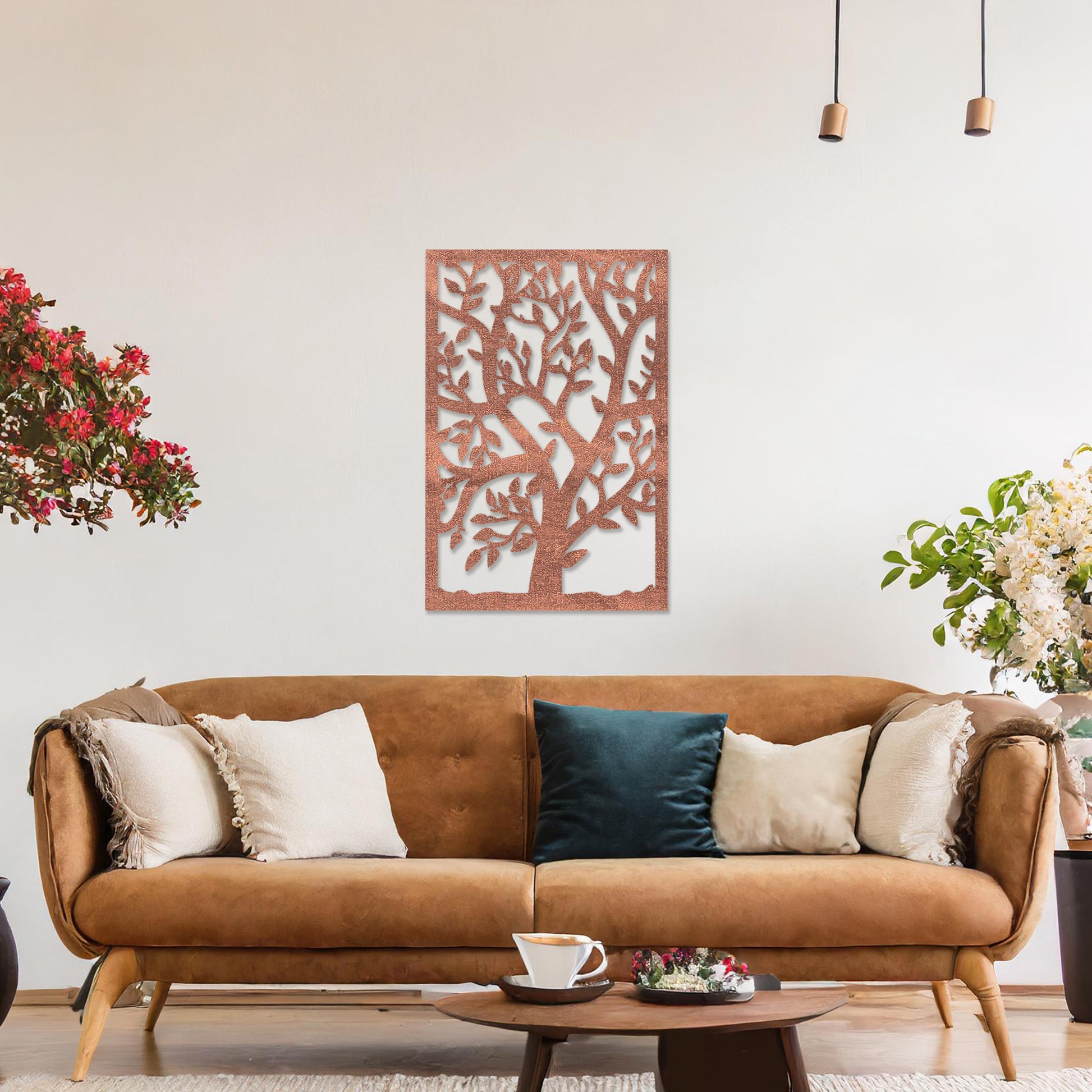 Wooden wall art featuring a rectangular design with an intricate tree motif, showcasing detailed branches and leaves. The artwork is displayed on a neutral wall within modern room decor, highlighting its natural elegance.