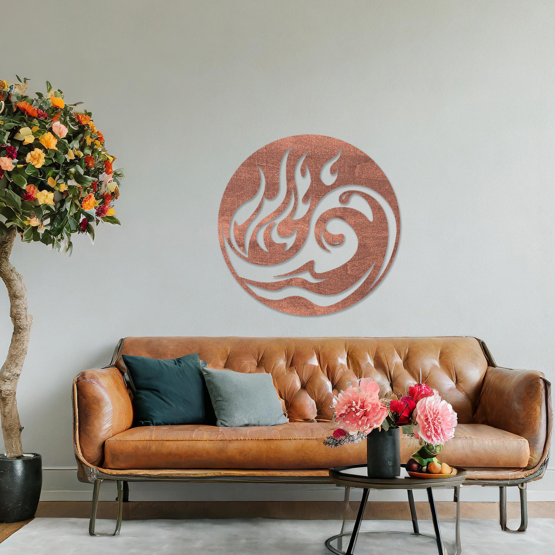 Wooden wall art featuring a circular design combining fire and wave motifs in a flowing, abstract style. The artwork is displayed on a neutral wall within modern room decor, highlighting its dynamic and artistic appeal.