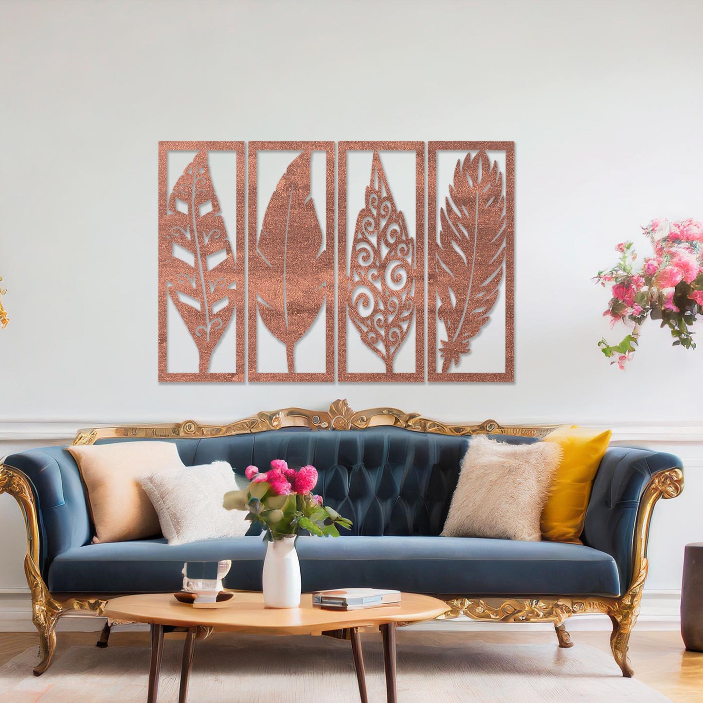 Wooden wall art design featuring five vertical panels, each with a different leaf design, placed on a neutral wall within modern room decor. The design combines organic shapes with intricate details for a natural yet elegant aesthetic.