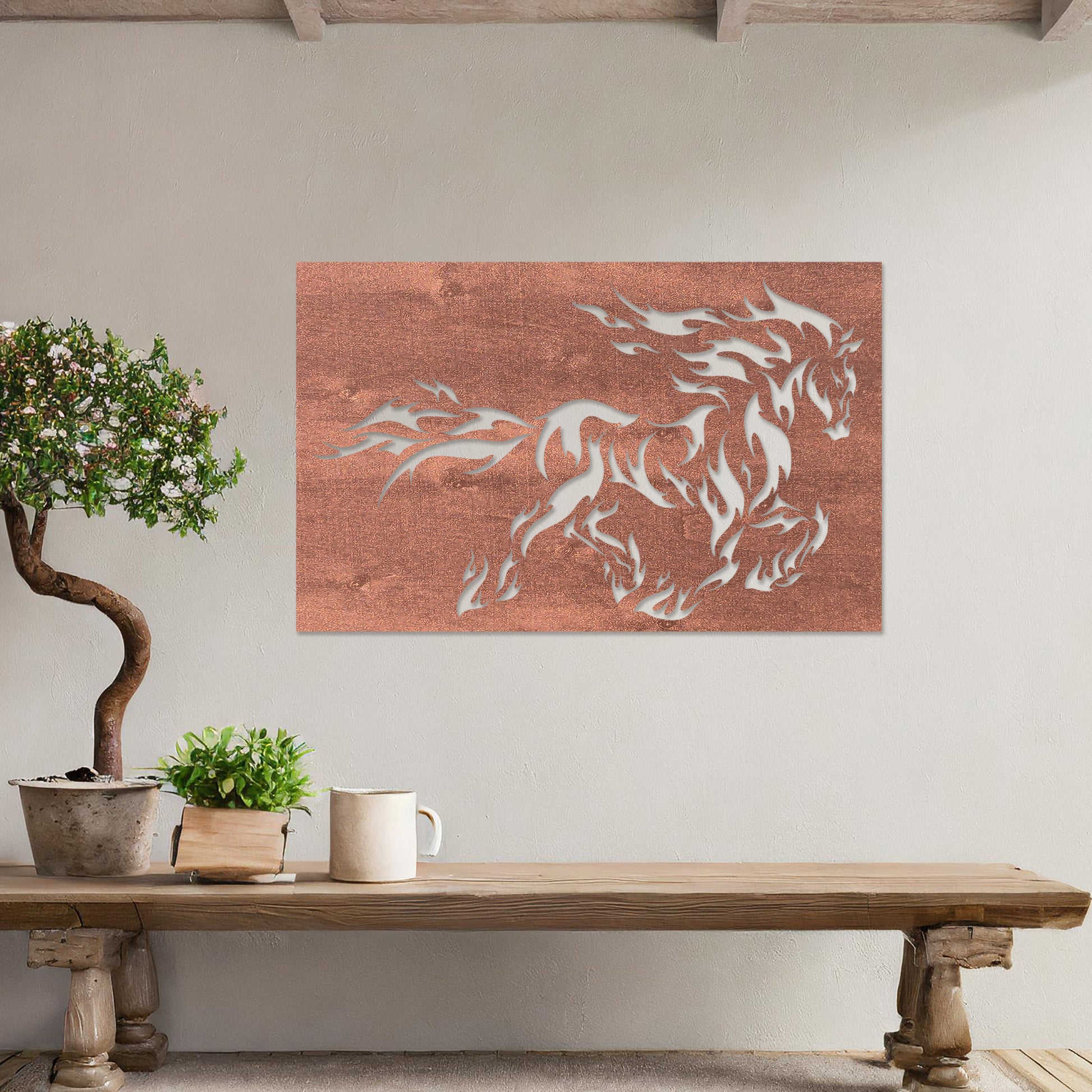 Wall art featuring a dynamic silhouette of a galloping horse with flame-inspired details creating a bold and striking design. The piece is displayed on a neutral wall within modern decor, serving as an eye-catching and artistic focal point.