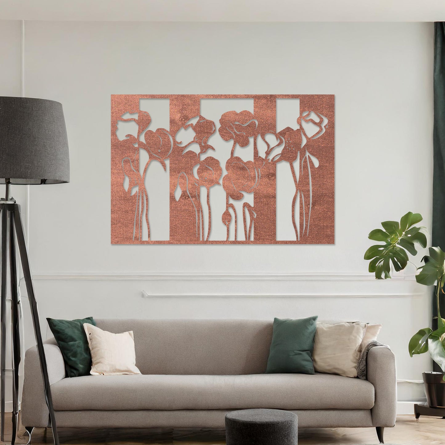 Wall art featuring a floral design with stylised poppy flowers arranged in vertical panel. The piece is displayed on a neutral wall within modern room decor, enhancing the serene and elegant atmosphere of the space.