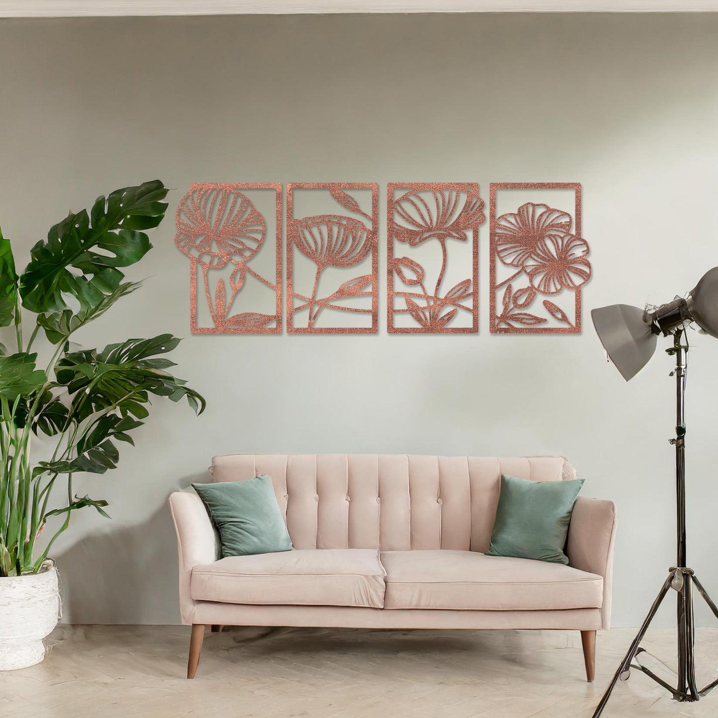 Wooden wall art featuring a four-panel design with intricate floral patterns of blooming flowers and leaves. The artwork is displayed on a neutral wall within modern room decor, highlighting its natural and elegant aesthetic.