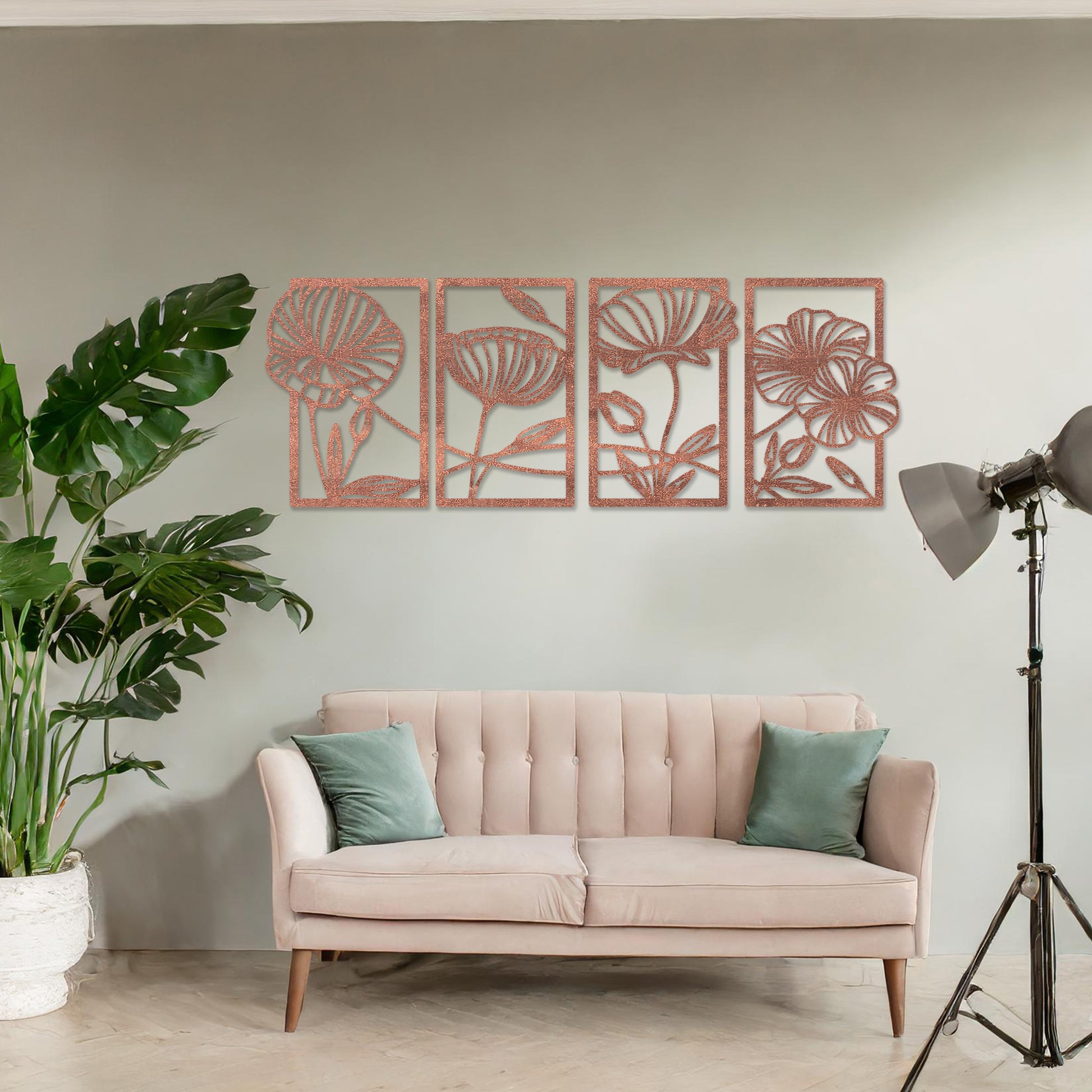 Wooden wall art featuring a four-panel design with intricate floral patterns of blooming flowers and leaves. The artwork is displayed on a neutral wall within modern room decor, highlighting its natural and elegant aesthetic.