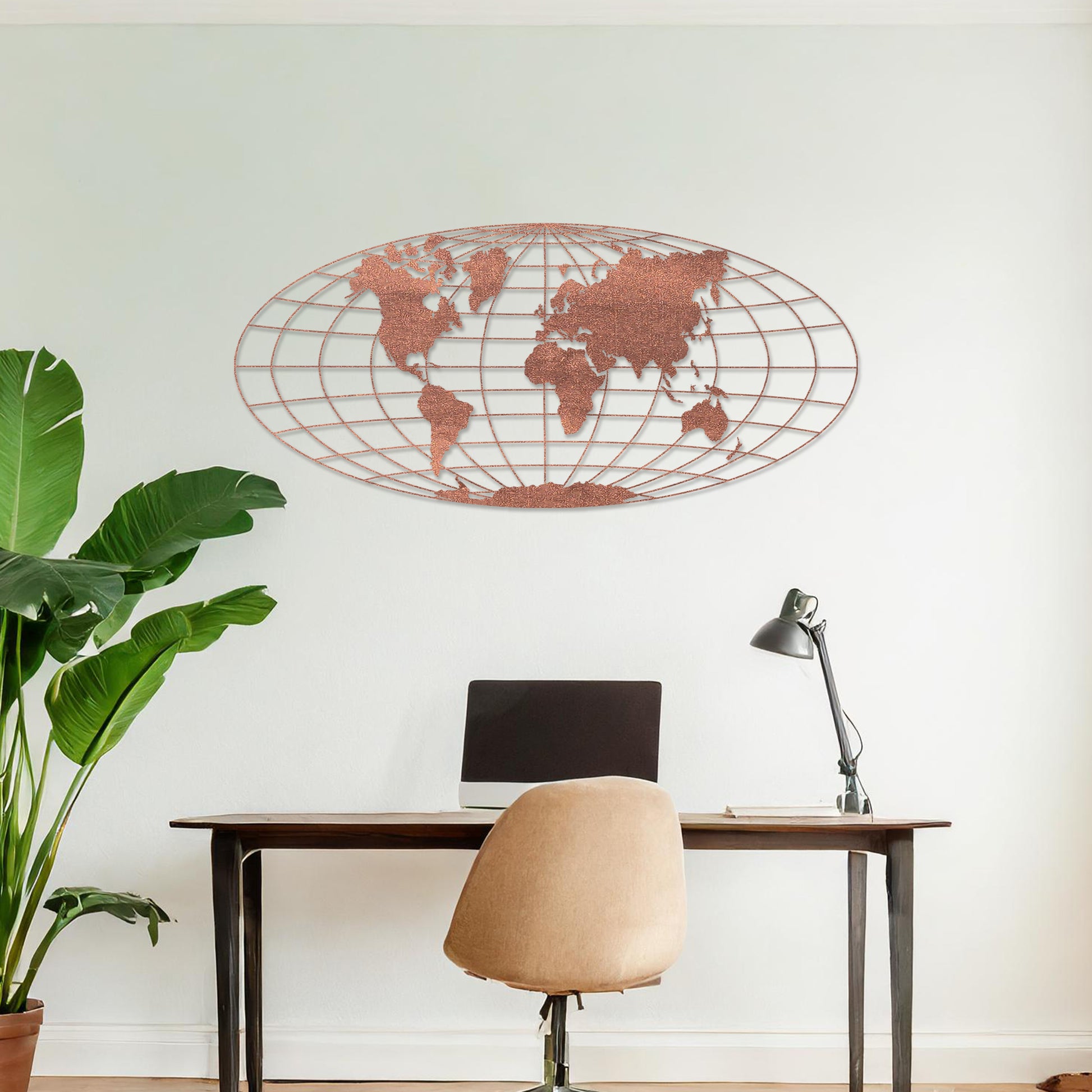 Wooden wall art featuring an oval world map design with detailed continents outlined on a grid, displayed on a neutral wall within modern room decor, showcasing its elegant and contemporary craftsmanship.