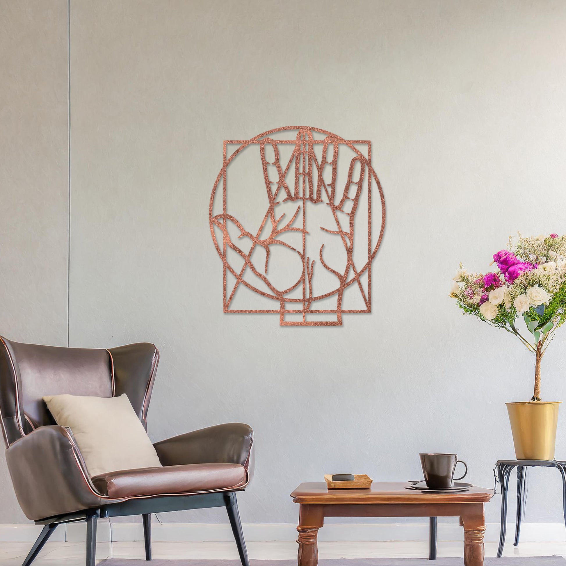 This design features a geometric and minimalist representation of a hand, framed within a circle and square. The clean lines and balanced shape create a modern, artistic effect perfect for contemporary spaces.