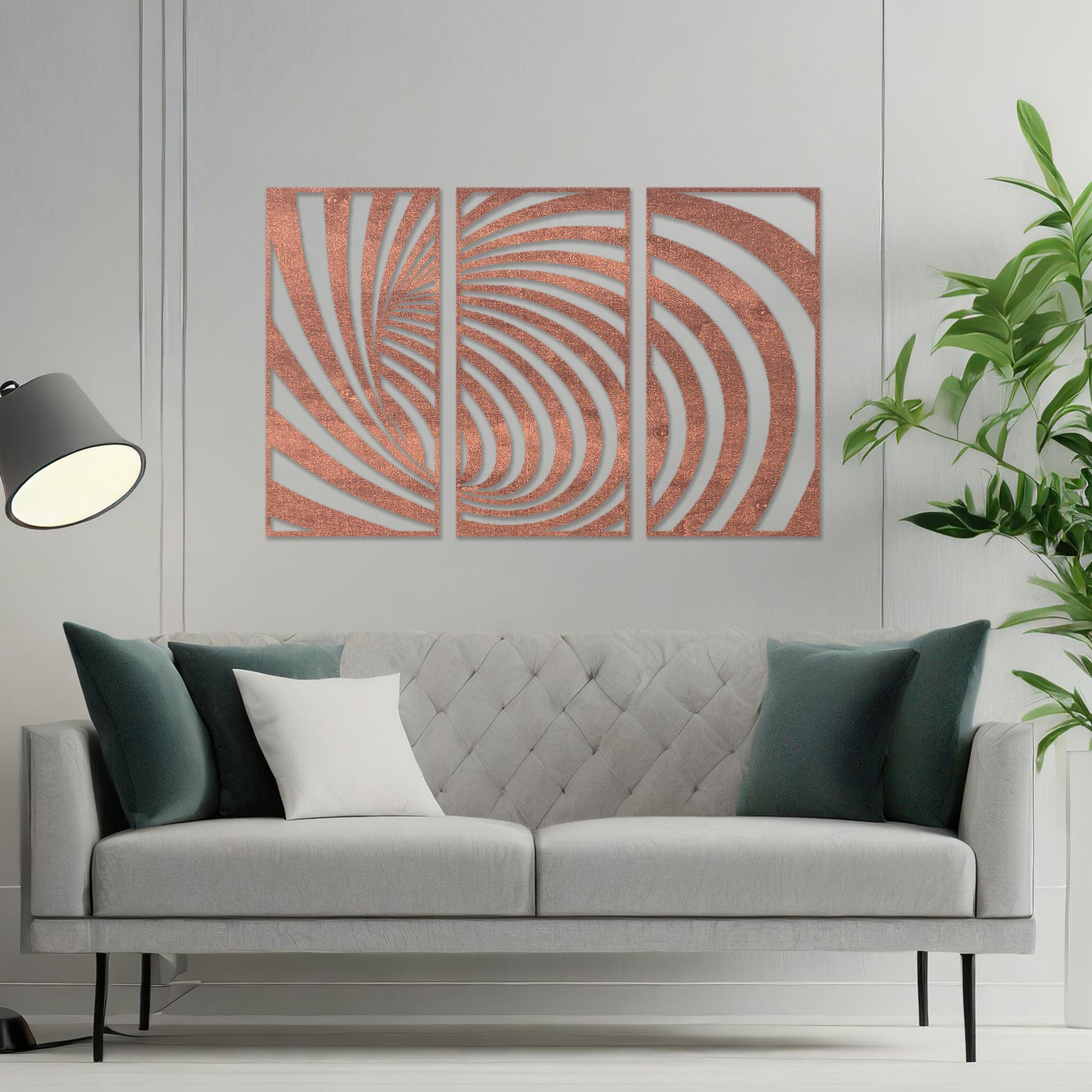 Wooden wall art comprising three panels with an abstract spiral design, displayed on a neutral wall within modern room decor, highlighting its bold and contemporary artistic craftsmanship.