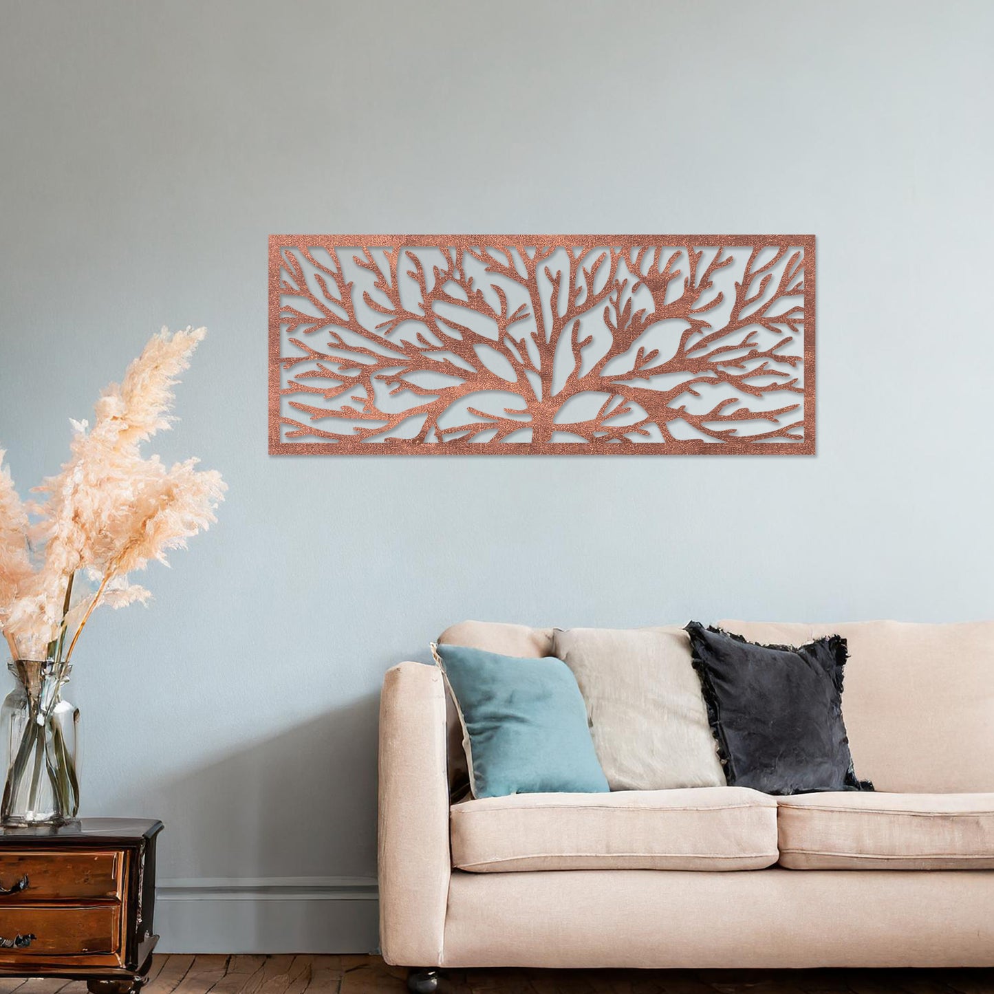 Wall art featuring a horizontal tree branch design with intricate and detailed branching patterns. The piece is displayed on a neutral wall within modern office decor, adding a natural and contemporary element to the space.