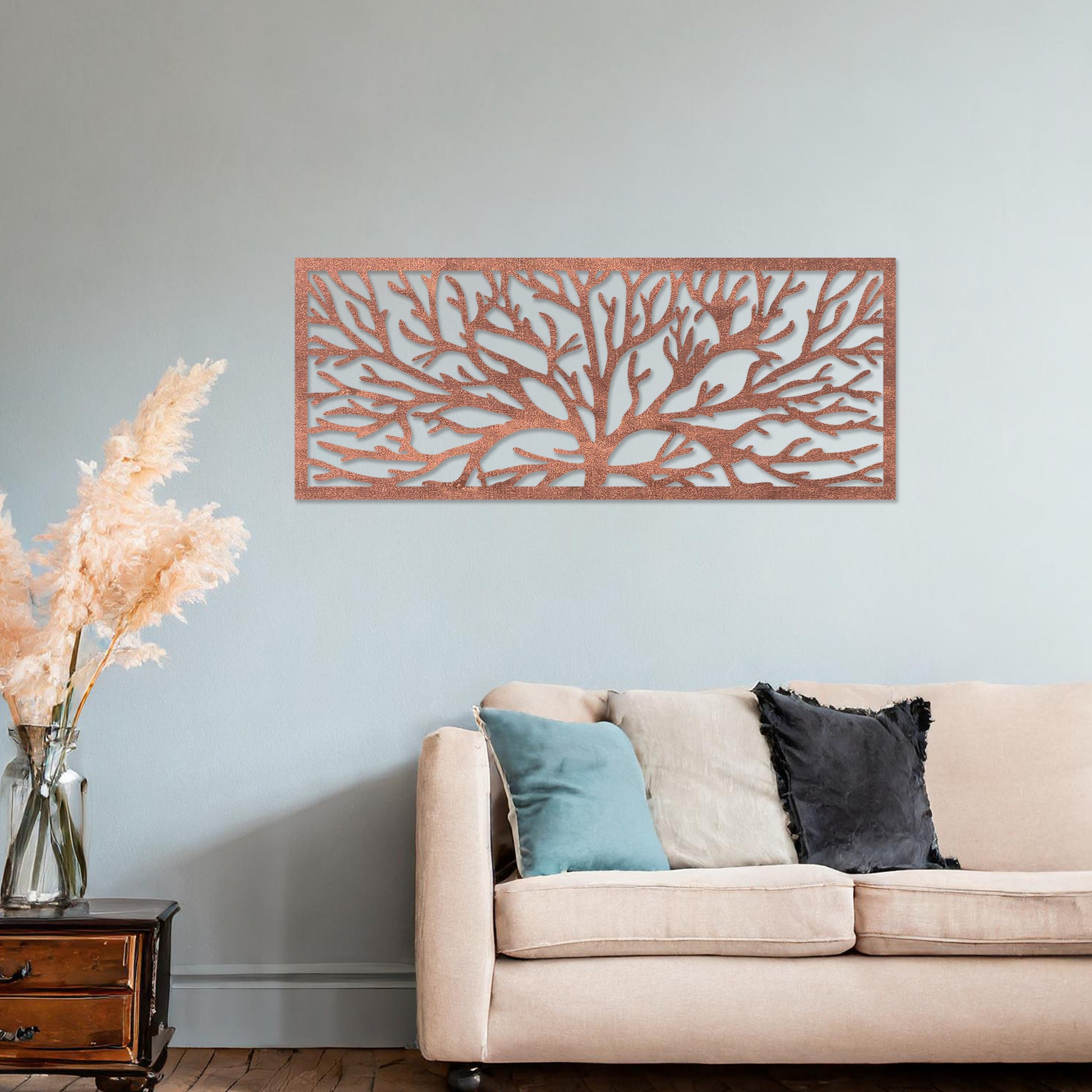 Wall art featuring a horizontal tree branch design with intricate and detailed branching patterns. The piece is displayed on a neutral wall within modern office decor, adding a natural and contemporary element to the space.