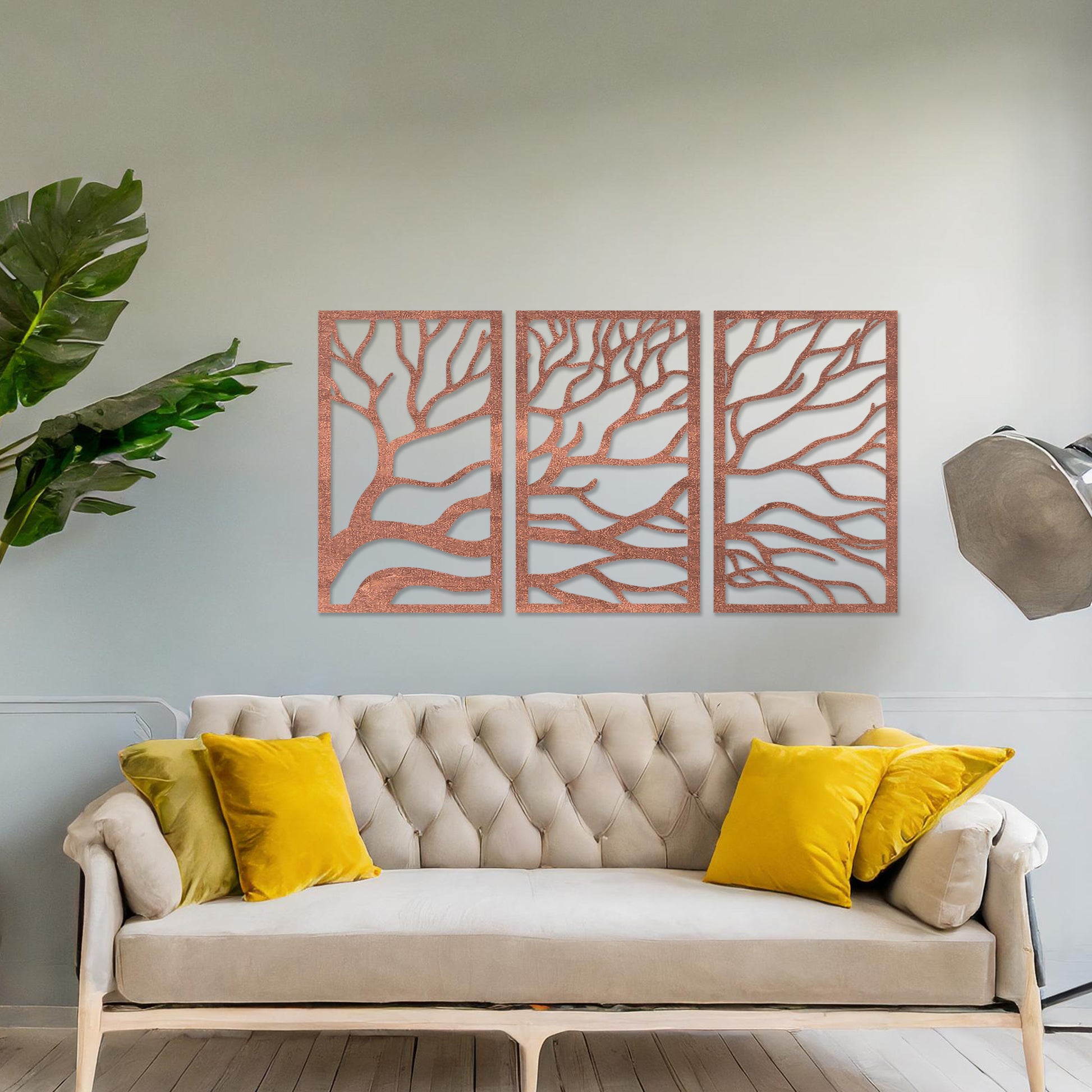 Three-panel wall art featuring intricate branching designs, creating a cohesive and flowing natural pattern. The artwork is displayed on a neutral wall in a modern room