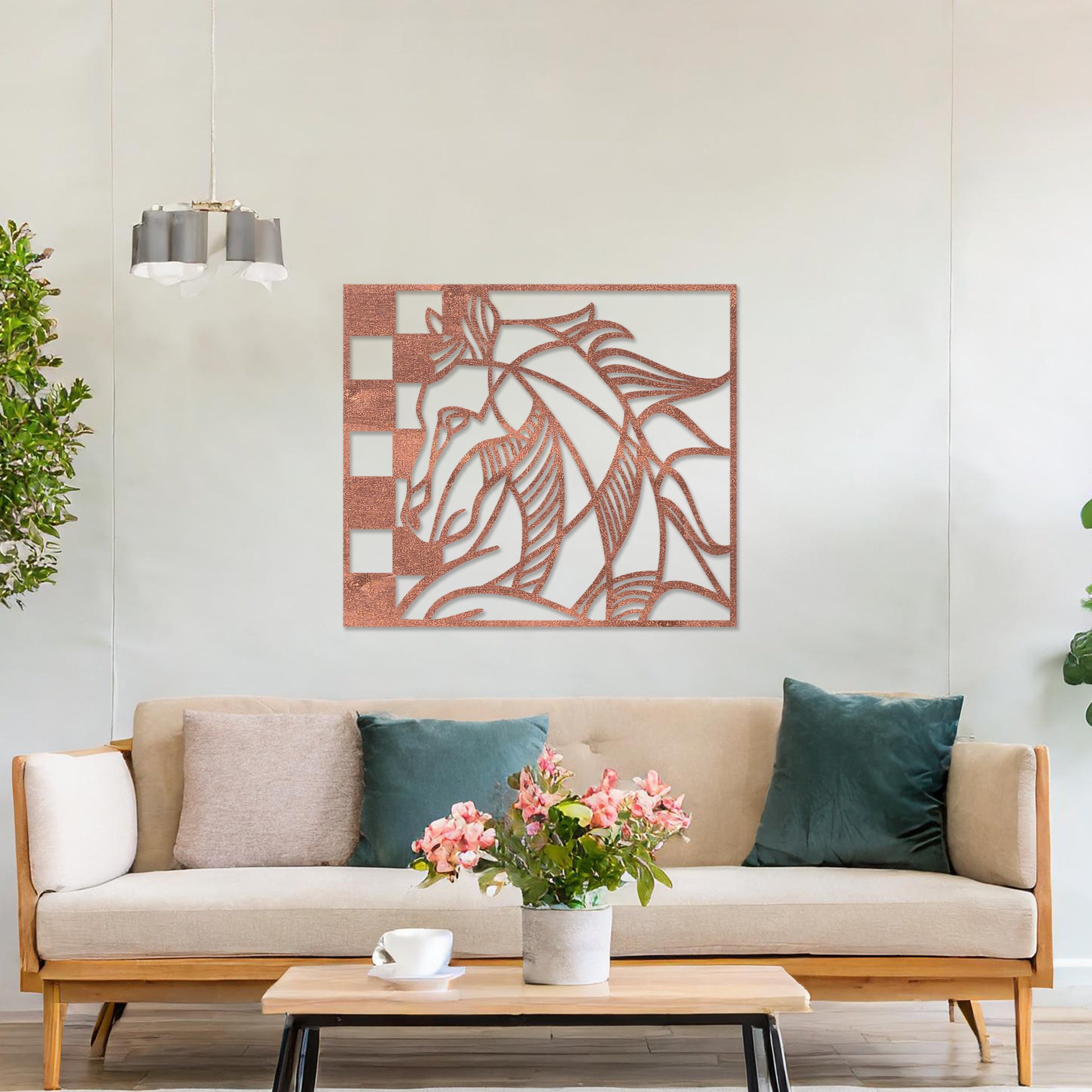 Wooden wall art design featuring a stylized horse's head integrated with geometric checkered patterns, placed on a neutral wall within elegant room decor. The design combines the beauty of nature with modern, abstract elements for a dynamic and artistic look.