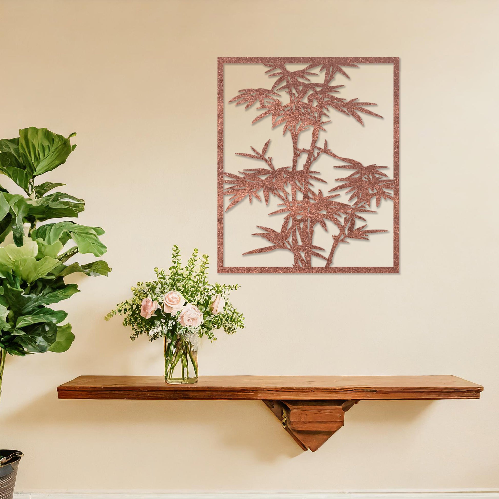 Wooden wall art featuring a rectangular bamboo design with intricate leaves and stalks, displayed on a neutral wall within modern room decor, highlighting its elegant and nature-inspired craftsmanship.