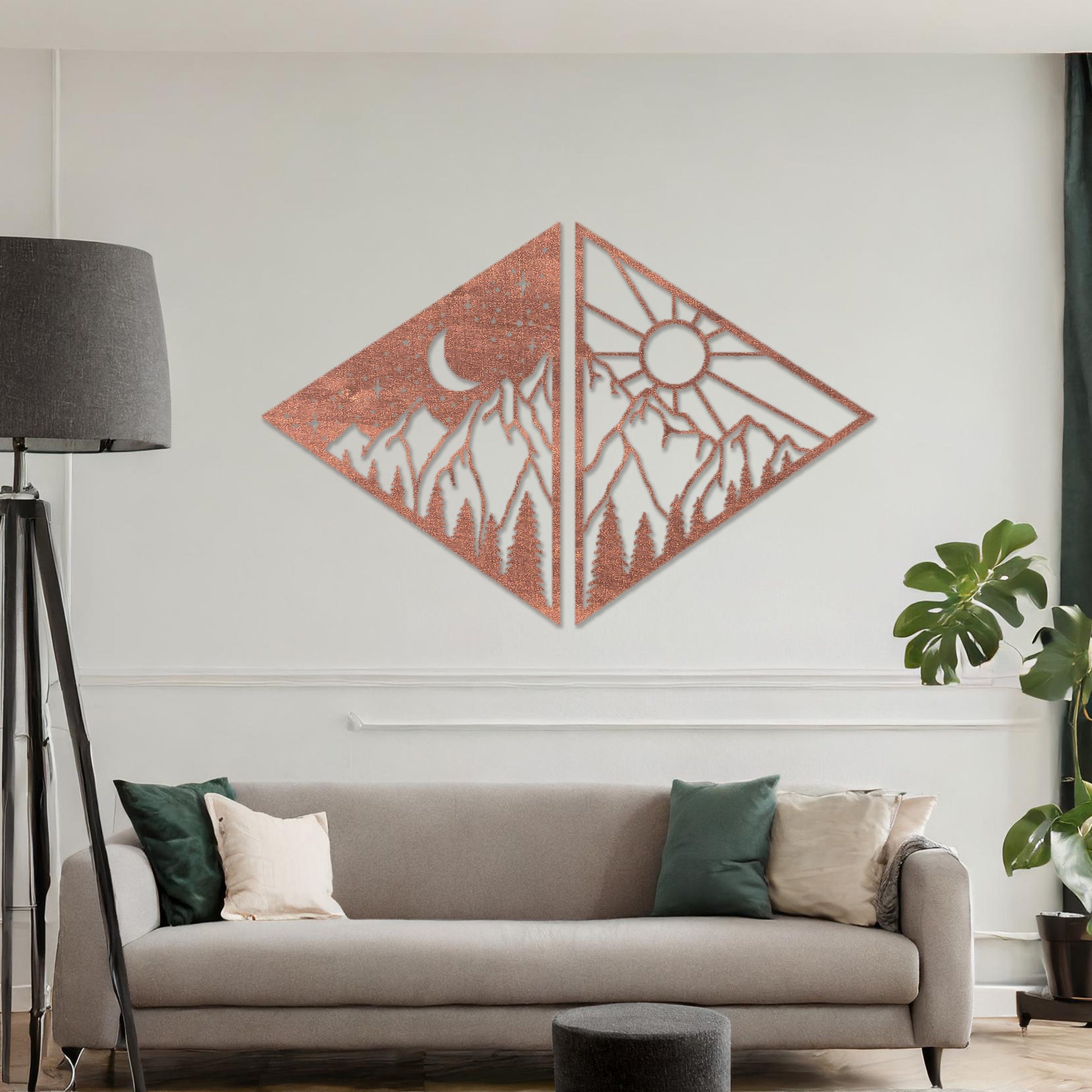 Wooden wall art design featuring a diamond-shaped composition split into two panels: one with a crescent moon and stars over mountains, and the other with a sun above the same landscape, placed on a neutral wall within modern room decor. 
