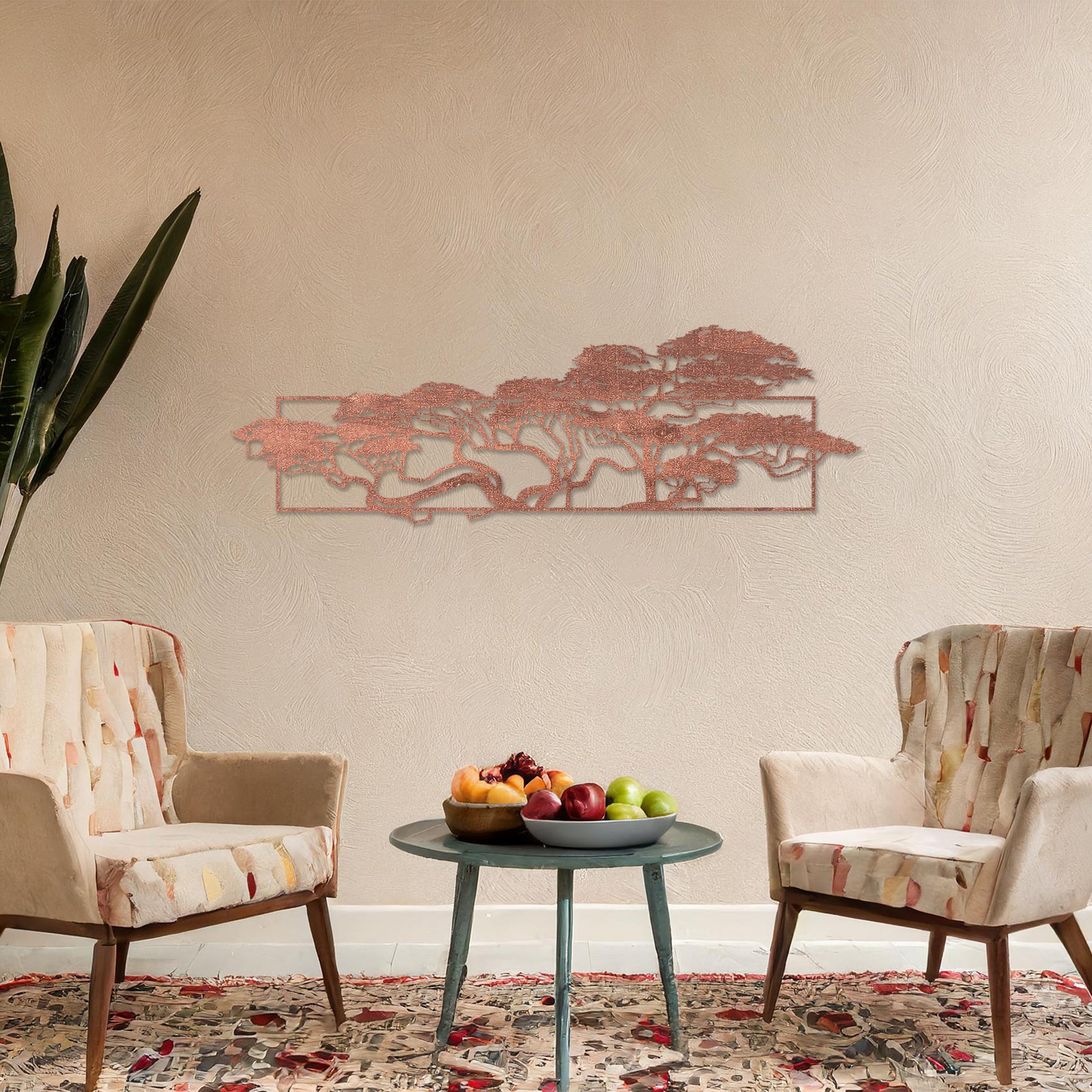 Wooden wall art featuring a panoramic design of windswept trees with intricate branches, displayed on a neutral wall within modern room decor, emphasising its natural elegance and artistic detail.
