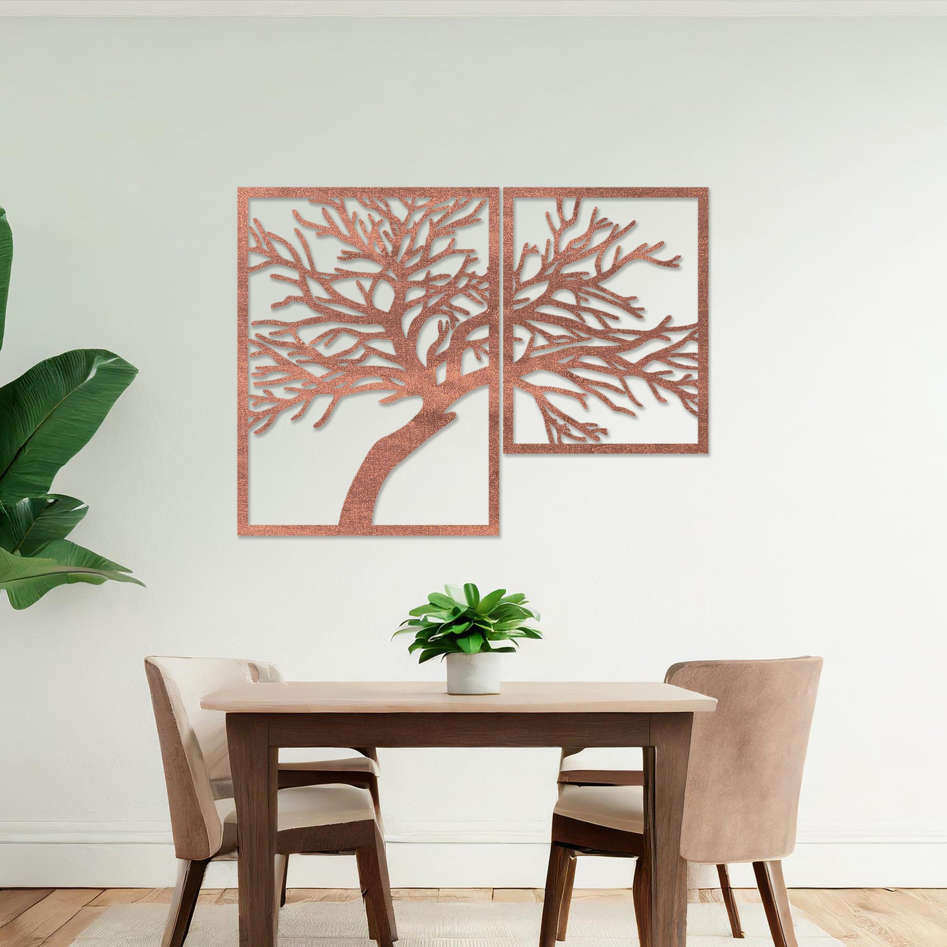 Wooden wall art design featuring a two-panel composition of a bare tree with intricate branches, placed on a neutral wall within modern room decor. The design captures natural beauty with a minimalist, elegant form.