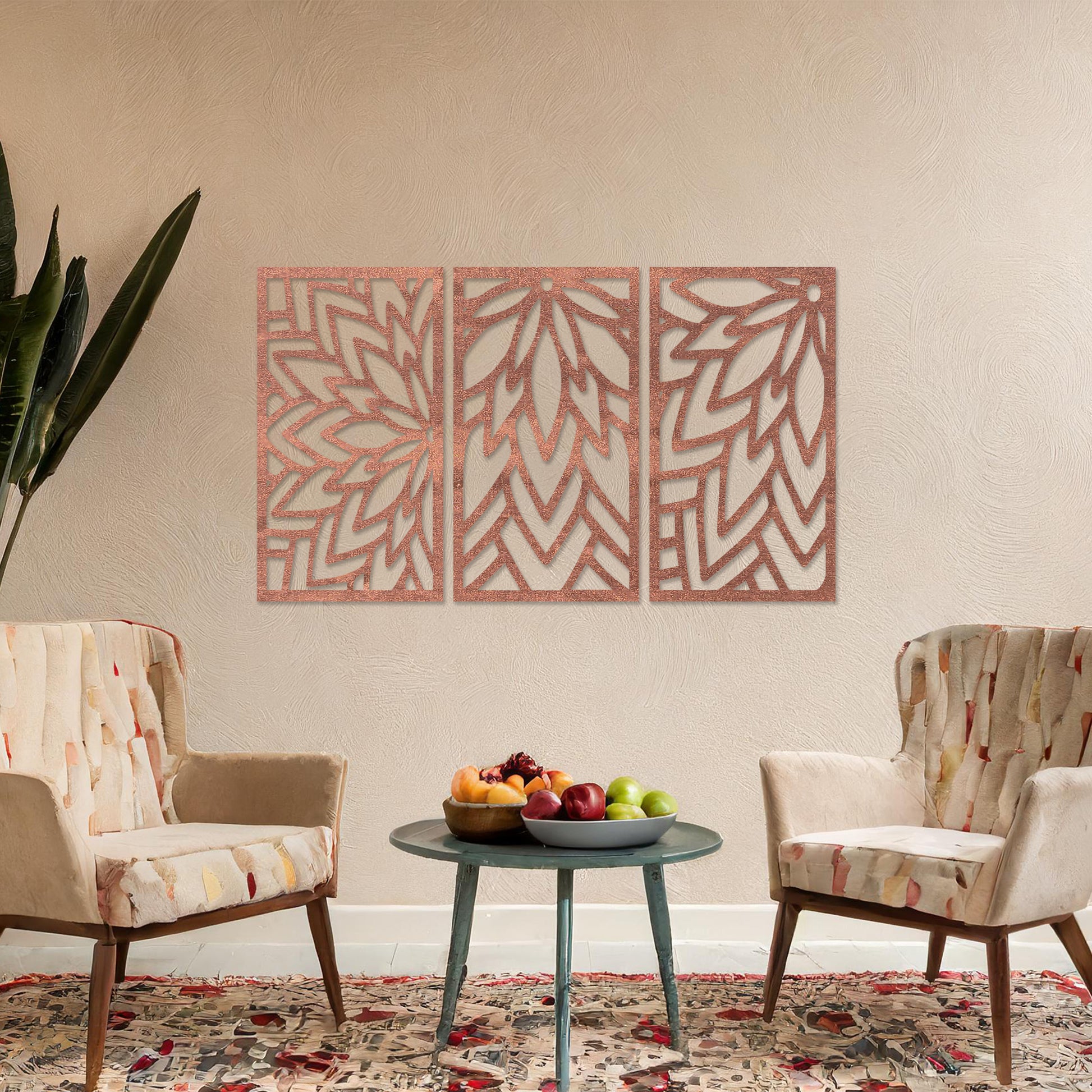 Wooden wall art featuring a three-panel floral-inspired geometric design, displayed on a neutral wall within modern room decor, highlighting its intricate patterns and contemporary craftsmanship.
