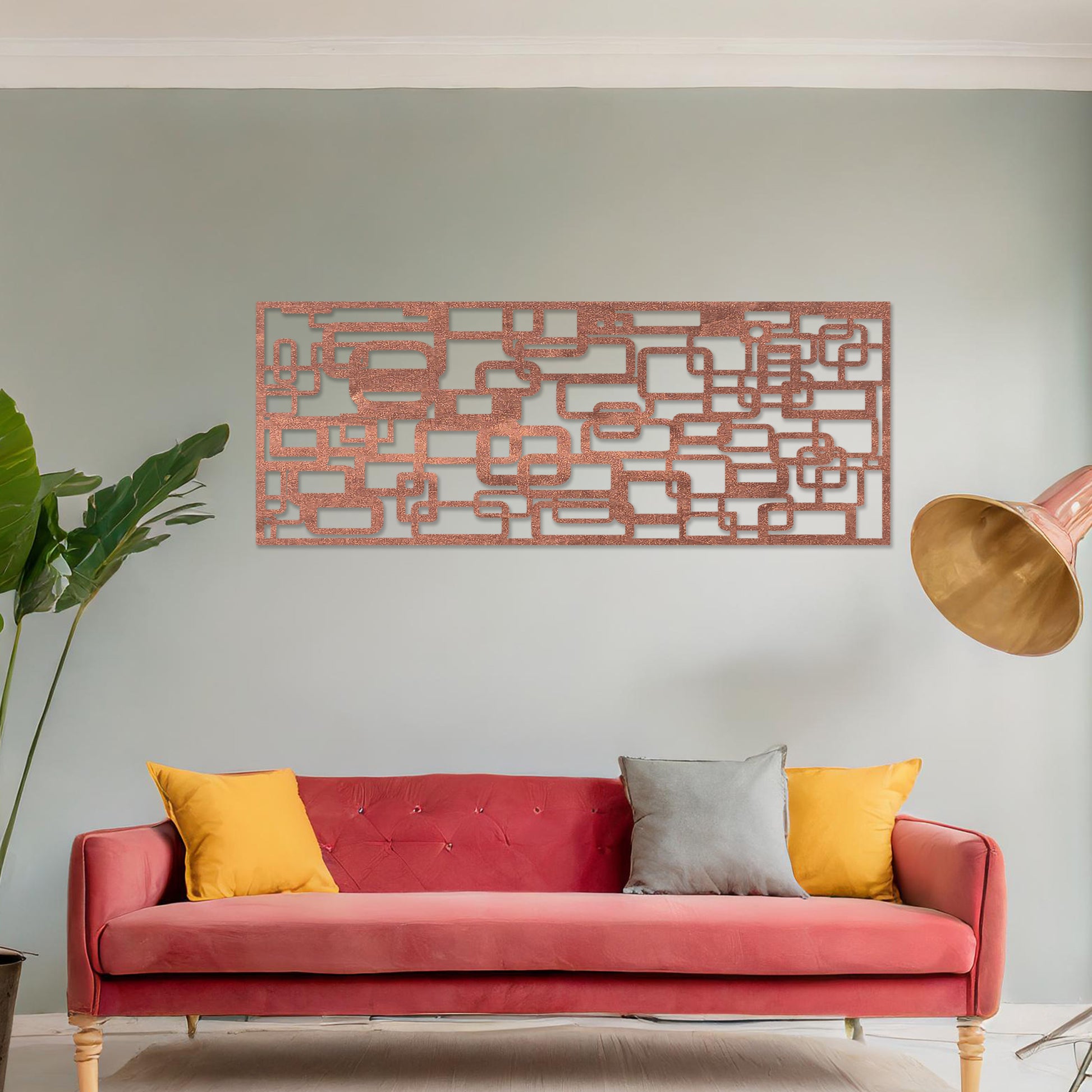 Wooden wall art design featuring an abstract pattern of overlapping and interwoven geometric shapes, placed on a neutral wall with modern room decor. The design combines clean lines and shapes for a dynamic and contemporary aesthetic.