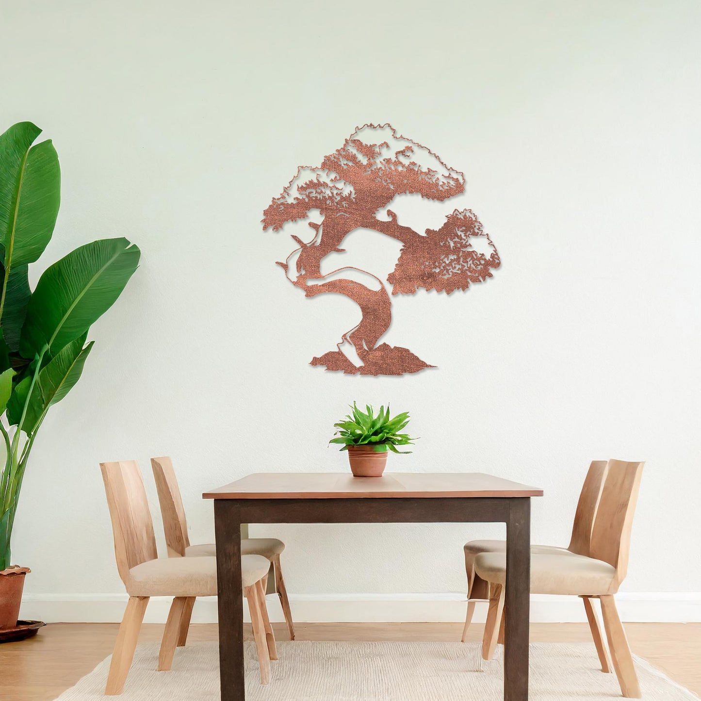 Wooden wall art featuring a bonsai tree design with intricate branches and a curved trunk, displayed on a neutral wall within modern room decor, showcasing its artistic and nature-inspired craftsmanship.