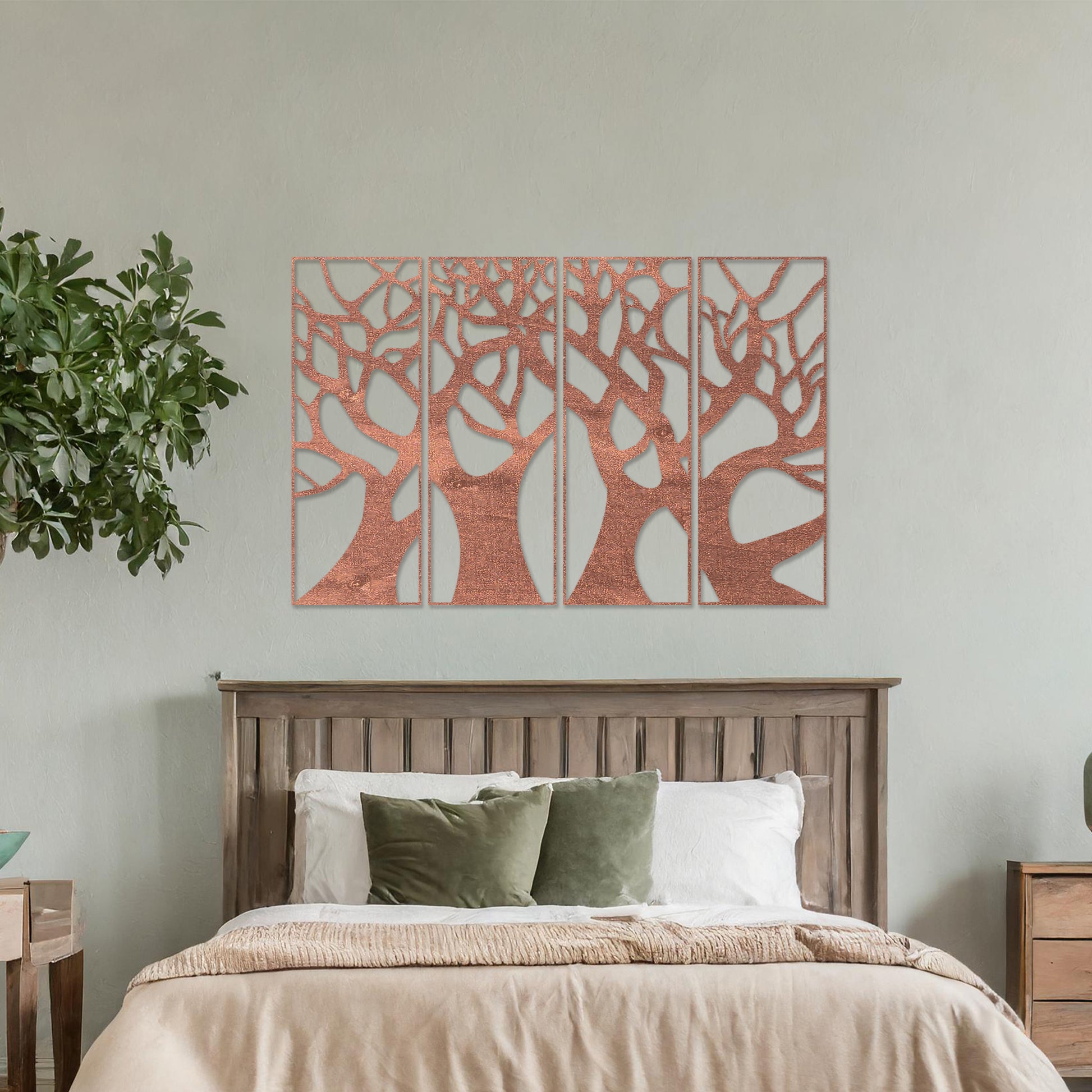 Wooden wall art featuring a set of four panels with an abstract tree design, showcasing interwoven trunks and branches, displayed on a neutral wall within modern room decor, highlighting its intricate and artistic craftsmanship.