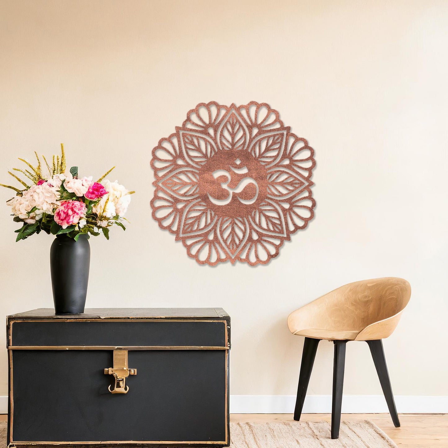 Wooden wall art featuring a mandala design with a central "Om" symbol surrounded by intricate floral and geometric patterns. The artwork is displayed on a neutral wall within modern room decor, highlighting its spiritual and artistic elegance.
