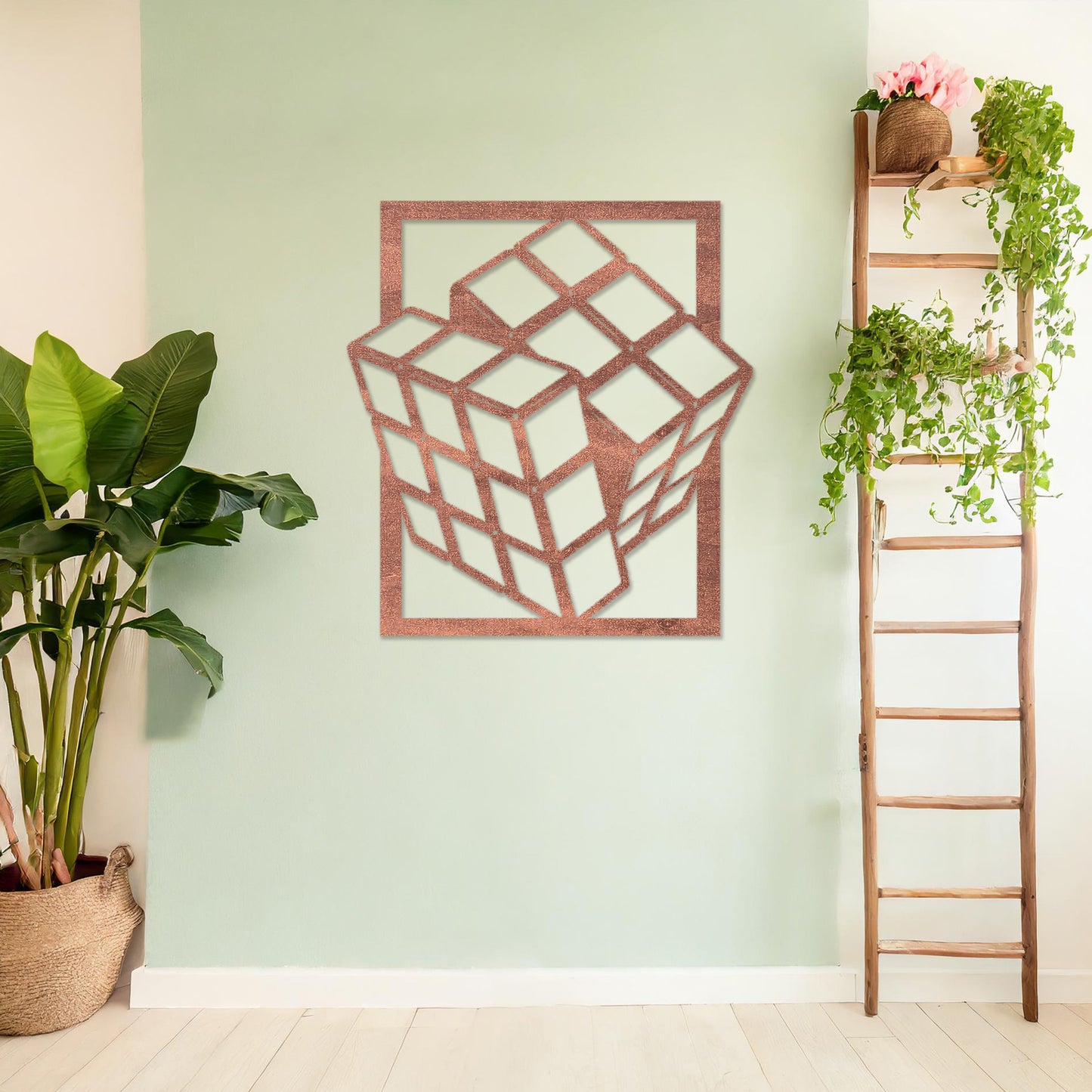 Wooden wall art featuring a three-dimensional geometric cube design, displayed on a neutral wall within modern room decor, highlighting its bold and contemporary craftsmanship.