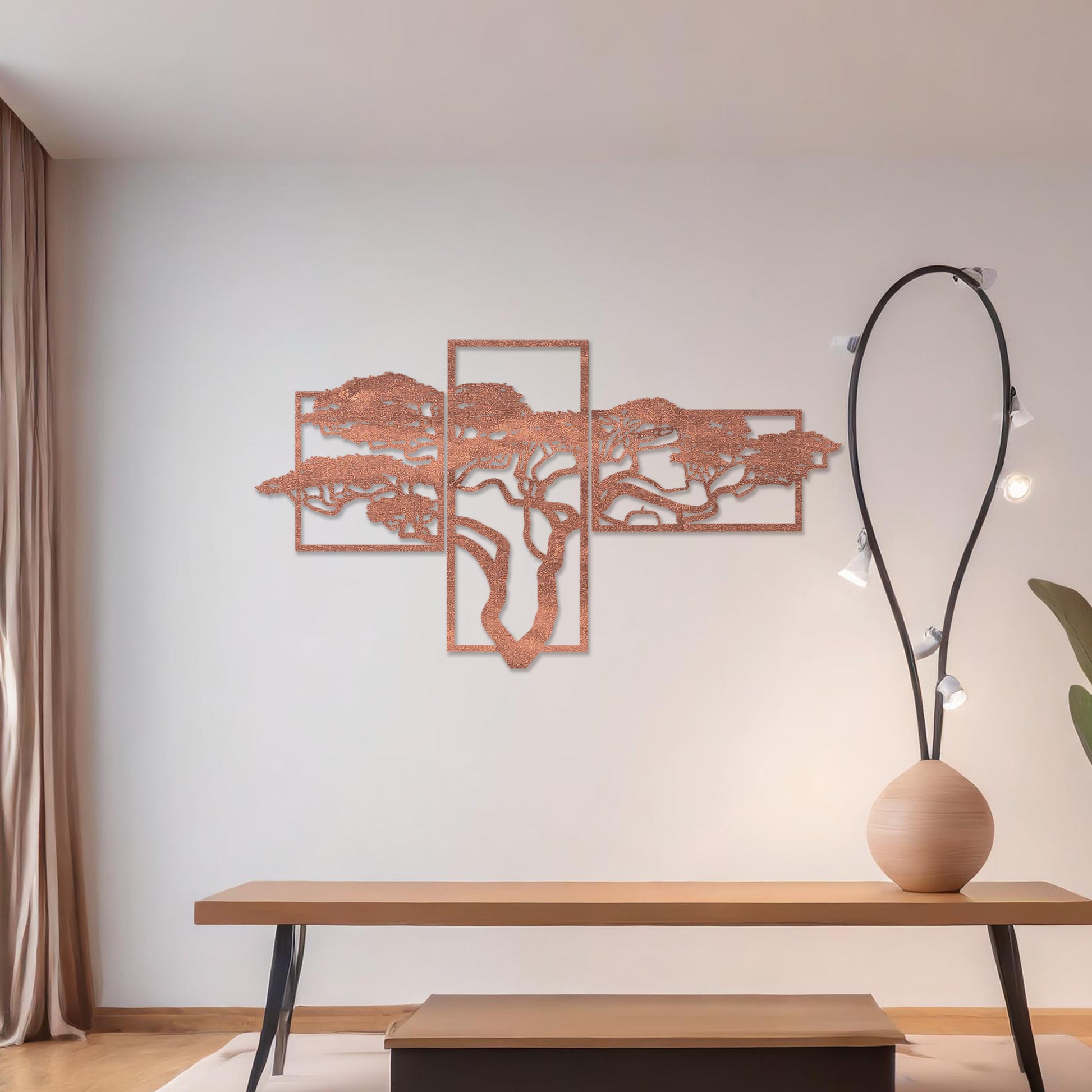 Wooden wall art featuring a multi-panel design of a tree with intricate branches, placed on a neutral wall within modern room decor, showcasing its detailed craftsmanship and elegant composition.