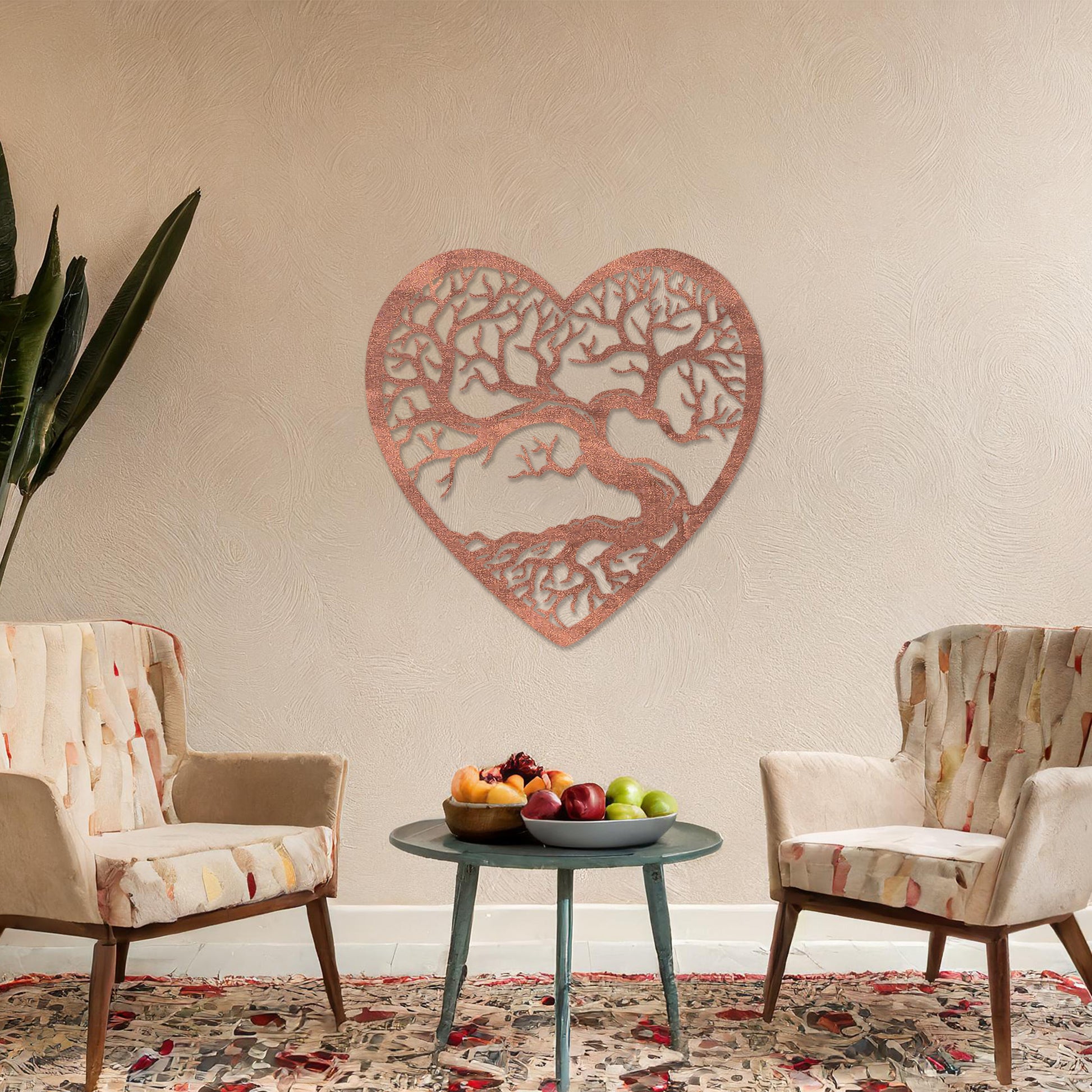 Wooden wall art featuring a heart-shaped design with an intricate tree and branching roots, displayed on a neutral wall within modern room decor, highlighting its natural and artistic craftsmanship.