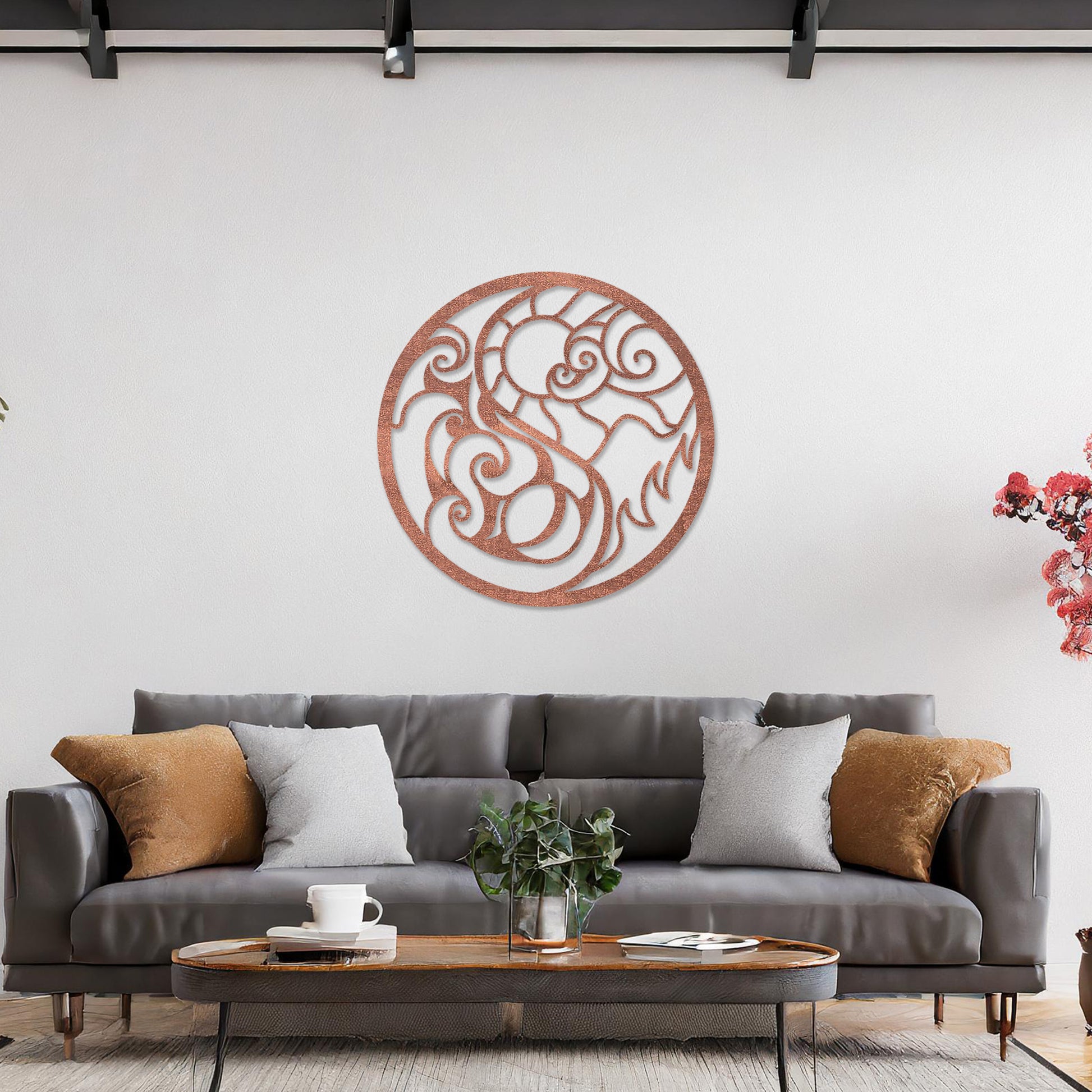 Wall art featuring a circular design with intricate swirls and flame-like patterns, combining fluid and dynamic elements. The piece is displayed on a neutral wall within modern decor, adding a bold and artistic focal point to the space.