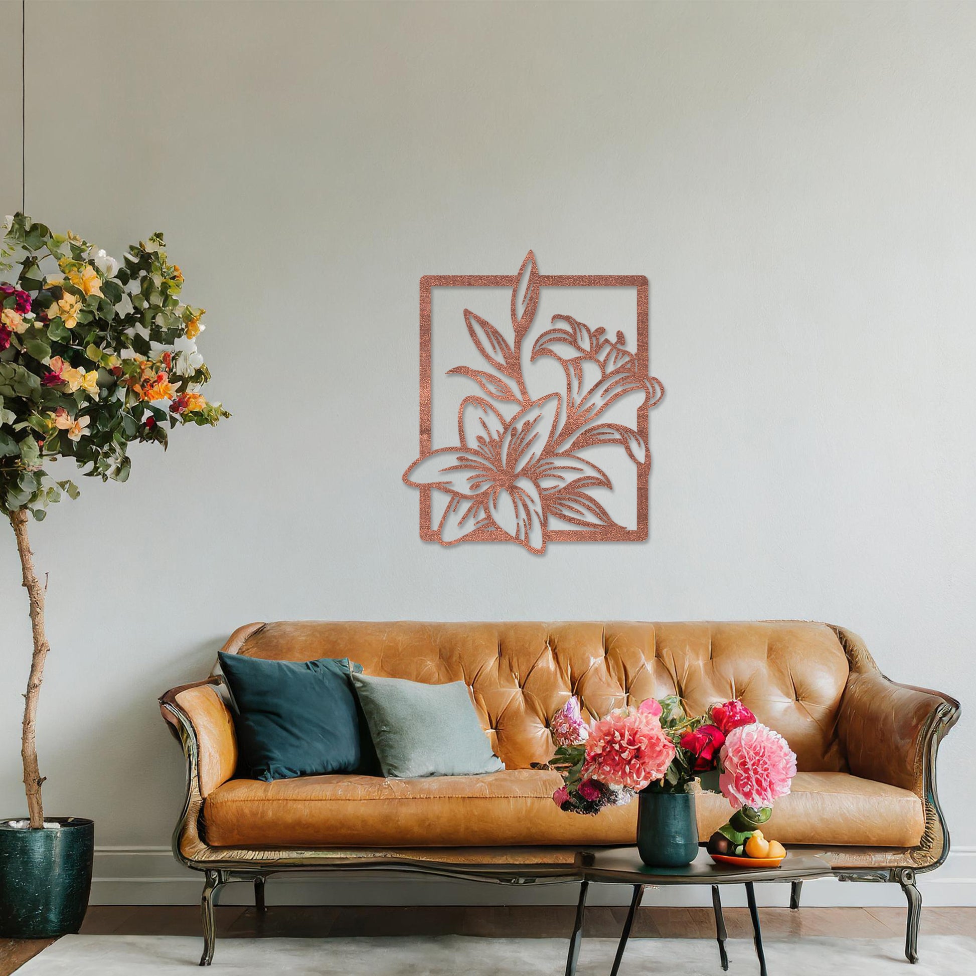 Wooden wall art featuring a delicate floral design with intricate details of lilies and leaves, placed on a neutral wall within a modern room decor, showcasing its elegant and timeless craftsmanship.