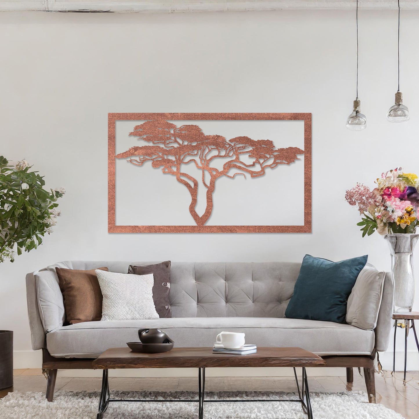 Wooden wall art featuring a rectangular design with a detailed silhouette of a tree with sprawling branches. The artwork is displayed on a neutral wall within modern room decor, showcasing its natural and artistic elegance.