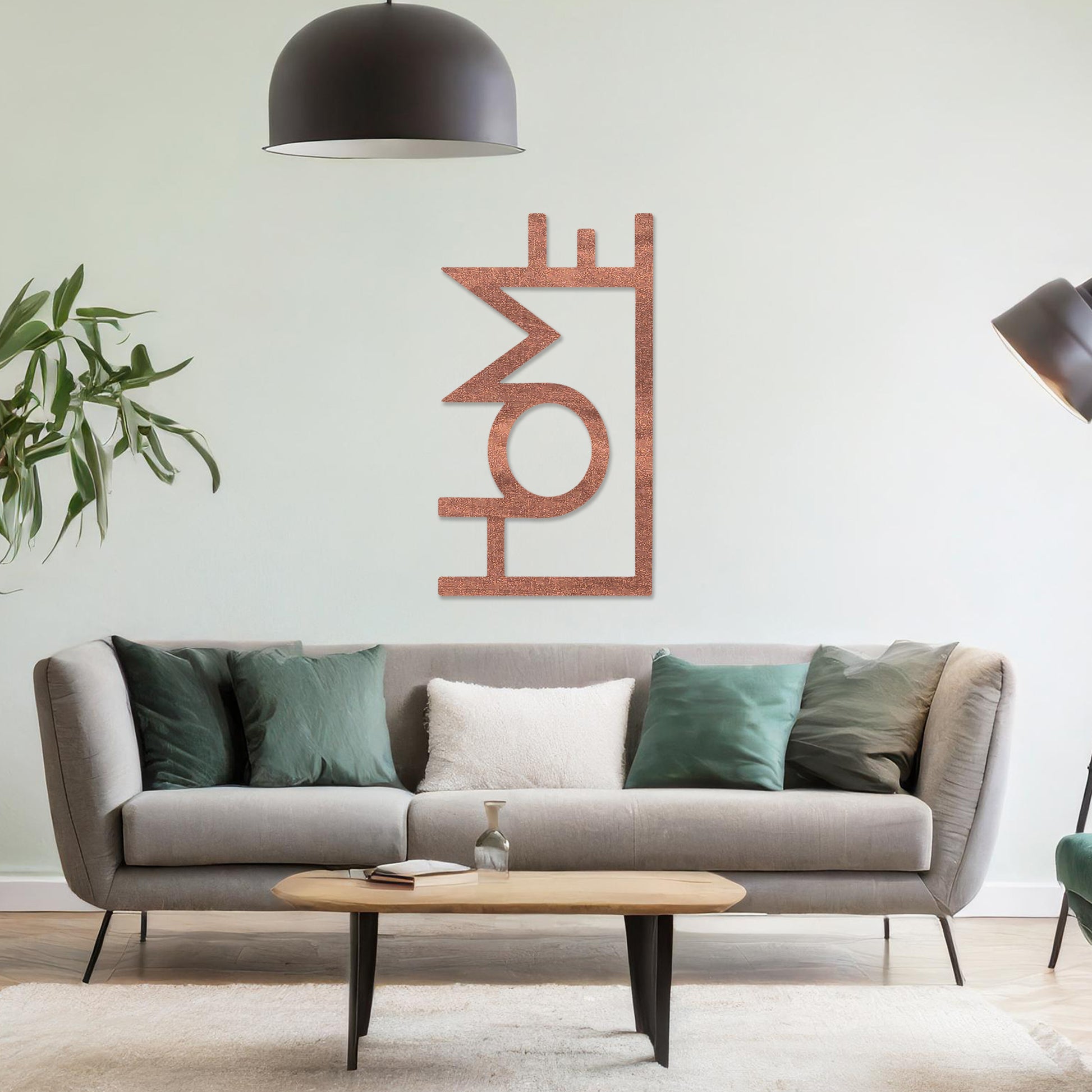 Wall art featuring the word "HOME" in a bold, modern design with geometric shapes integrated into the lettering. The piece is displayed on a neutral wall within contemporary room decor, adding a stylish and welcoming touch to the space.