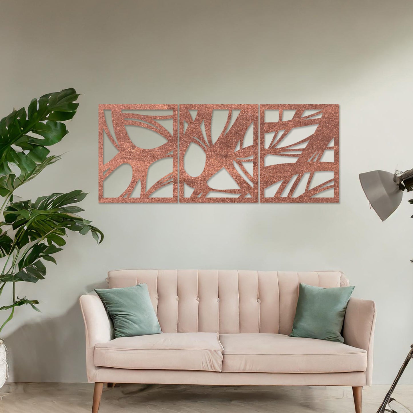 Wooden wall art design featuring a three-panel abstract composition with flowing, organic shapes and cutouts, placed on a neutral wall within modern room decor. The design blends dynamic movement and minimalism for a contemporary look.