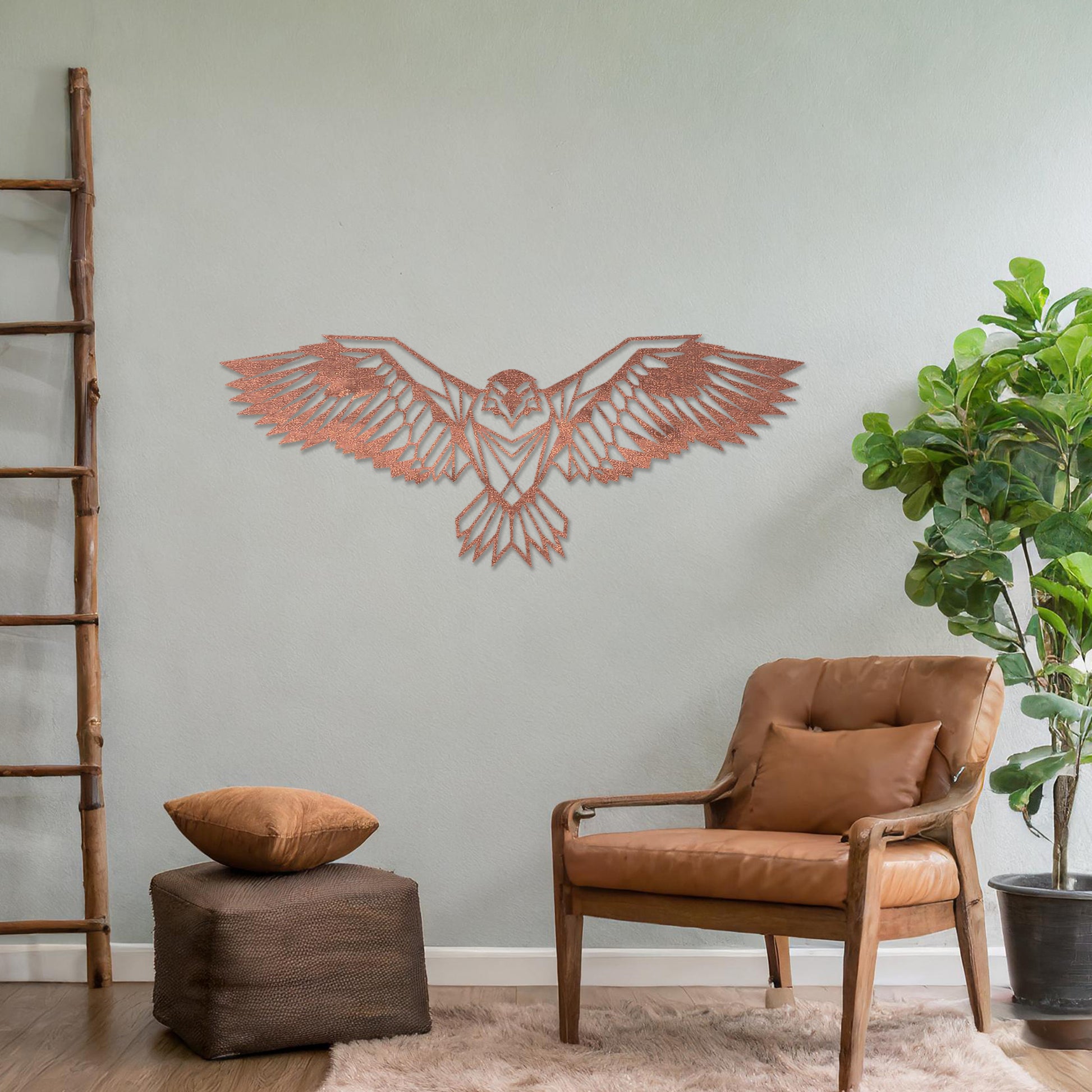 Wooden wall art showcasing a geometric eagle design with outstretched wings, displayed on a neutral wall within modern room decor, highlighting its bold and intricate craftsmanship.