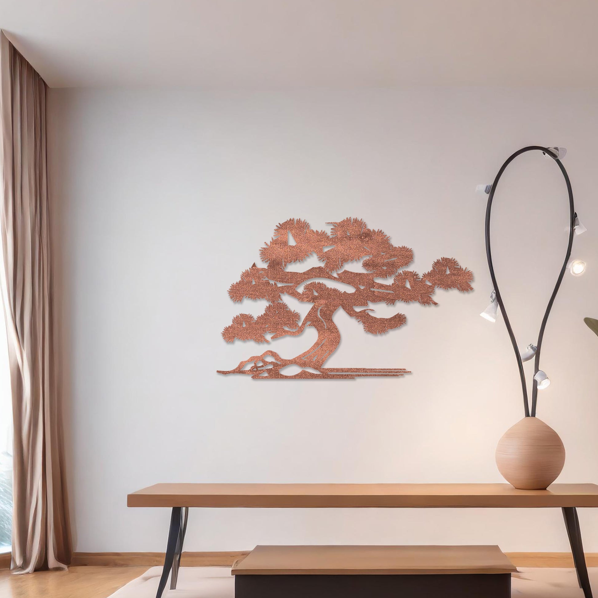 Wooden wall art featuring a bonsai-inspired tree design with detailed branches and roots, placed on a neutral wall within a modern room decor, showcasing its delicate craftsmanship and minimalist elegance.