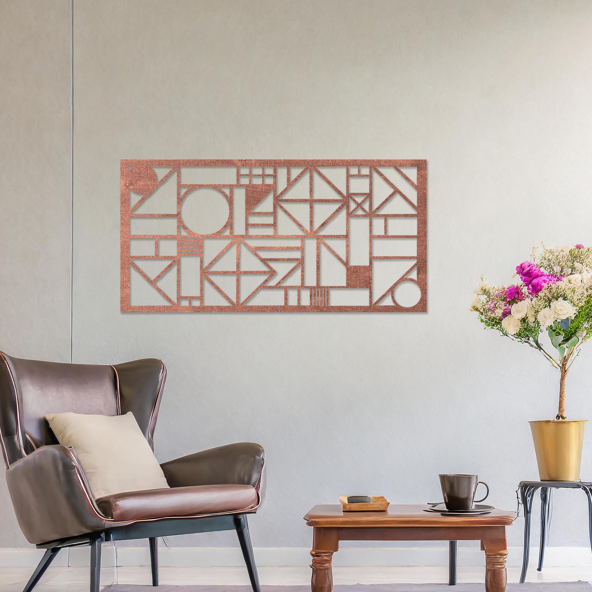 Wooden wall art design featuring a geometric composition with abstract shapes and patterns, placed on a neutral wall within modern room decor. The design combines dynamic lines and forms for a bold, contemporary look.