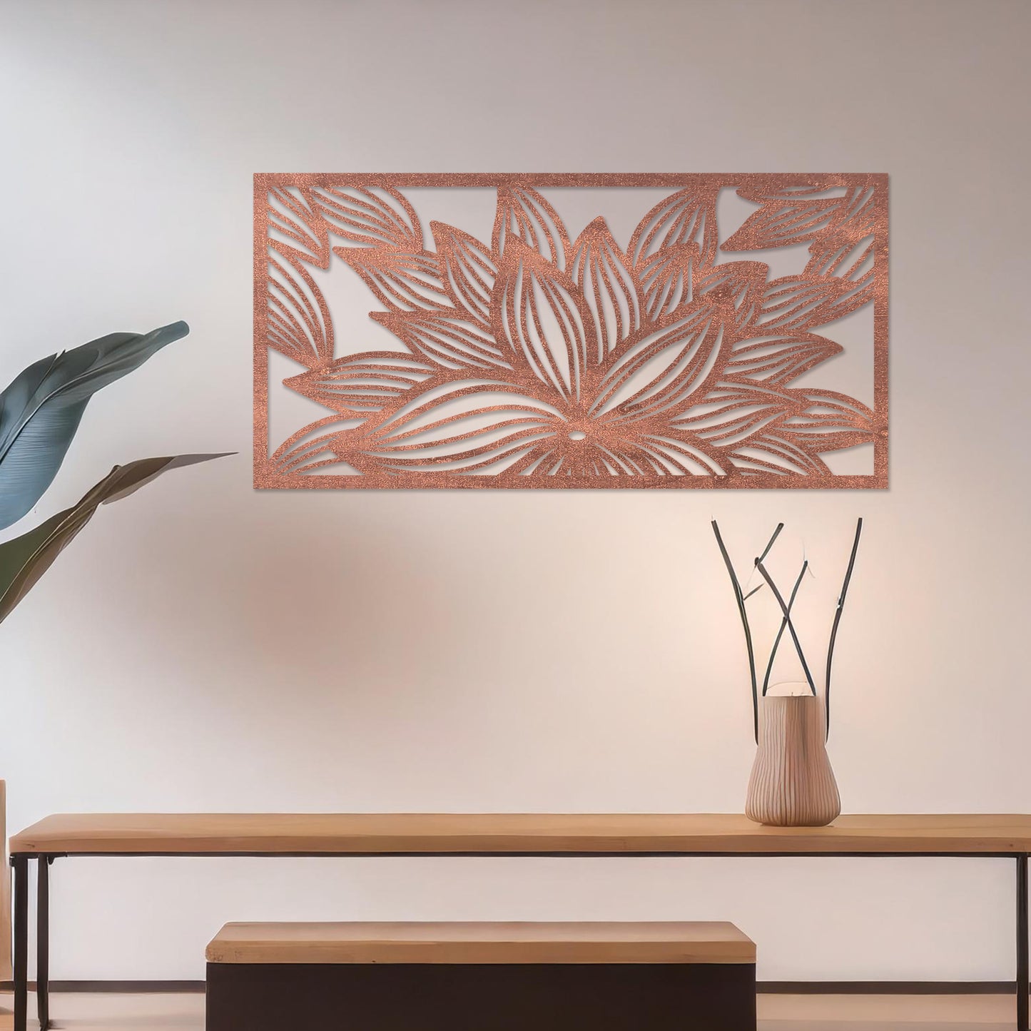 Wall art featuring a horizontal floral design with layered petals arranged in a dynamic and intricate pattern. The piece is displayed on a neutral wall within modern decor, adding an artistic and elegant focal point to the setting.