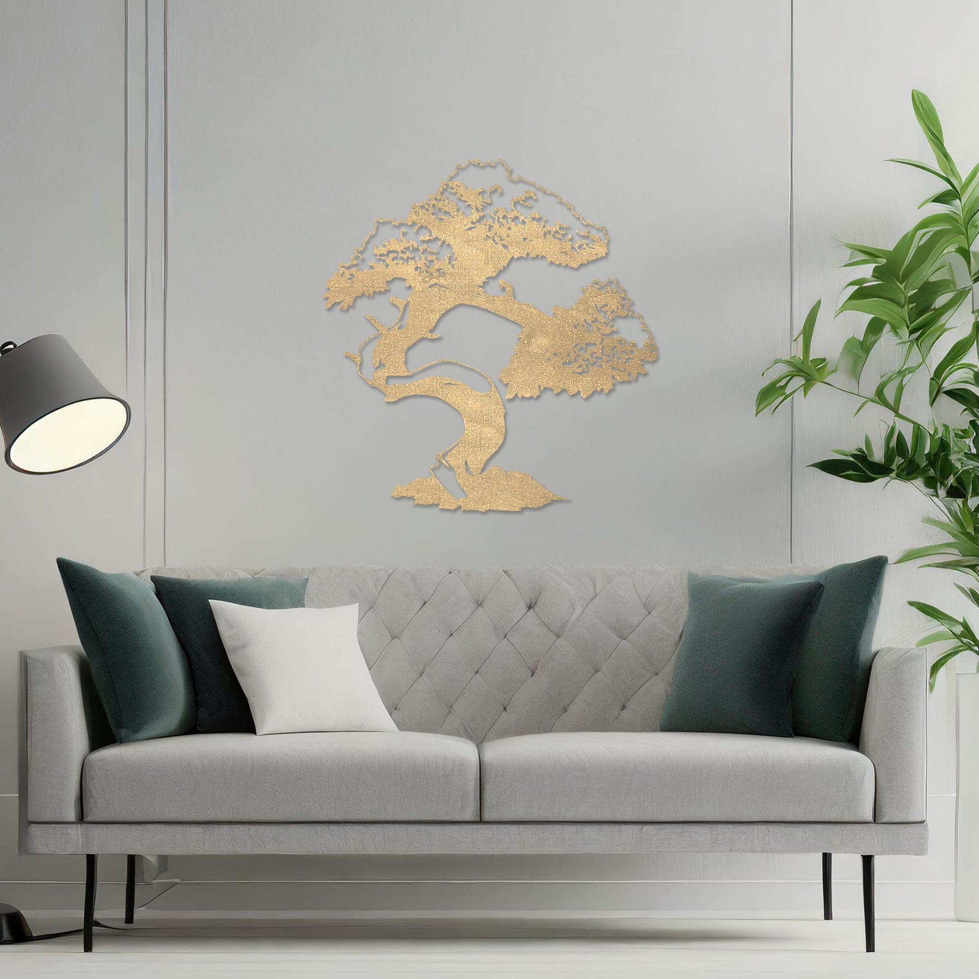 Wooden wall art featuring a bonsai tree design with intricate branches and a curved trunk, displayed on a neutral wall within modern room decor, showcasing its artistic and nature-inspired craftsmanship.
